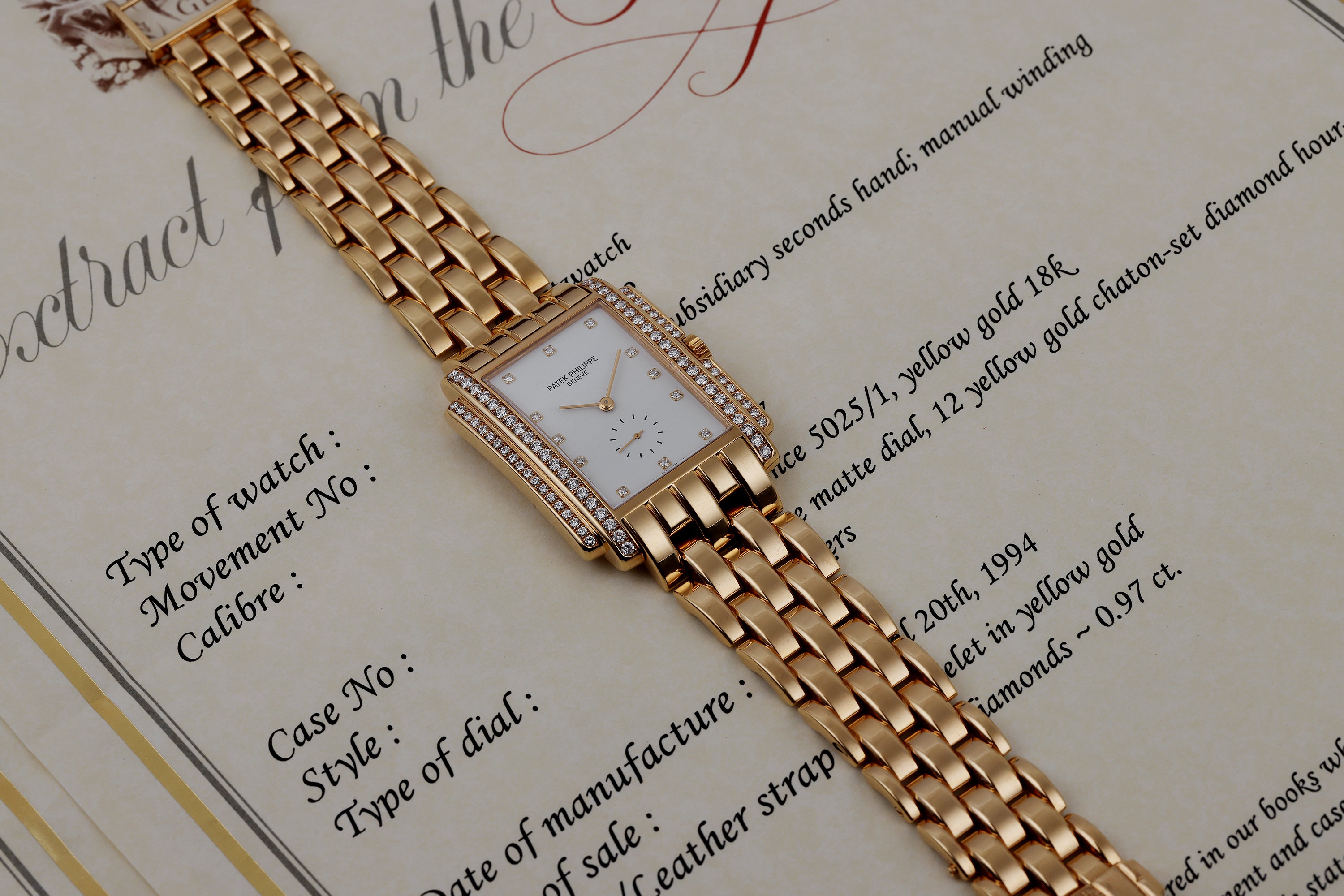Patek Philippe Gondolo | REF. 5025/1 | 18k Yellow Gold | Diamond Dial & Bezel | 1993 | Extract from the Archives | 30mm