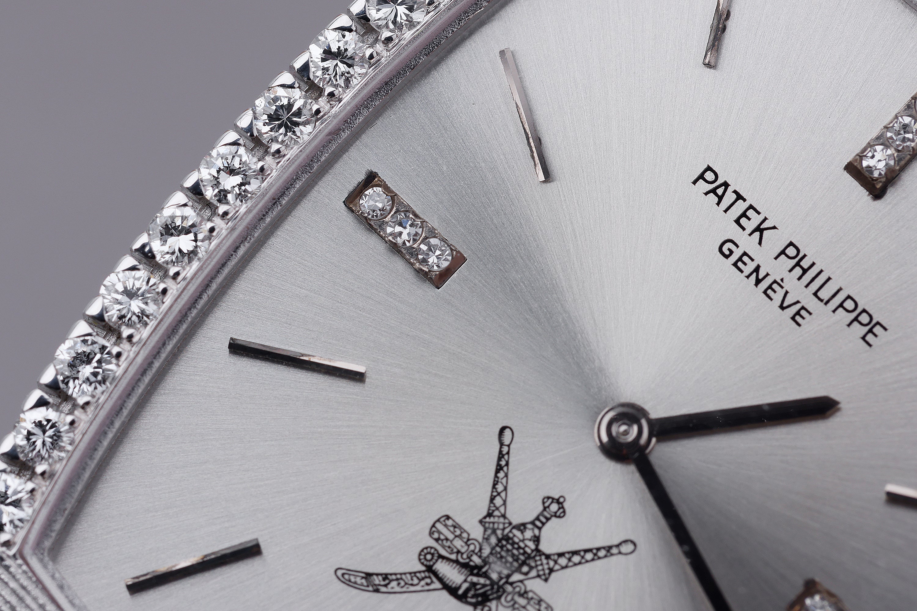 Extremely Rare Unworn Patek Philippe 1970's Gondolo Watch | Khanjar Emblem - Retailed by Asprey | REF. 3528/4 | Diamond Dial & Bezel | 26mm | 18k White Gold