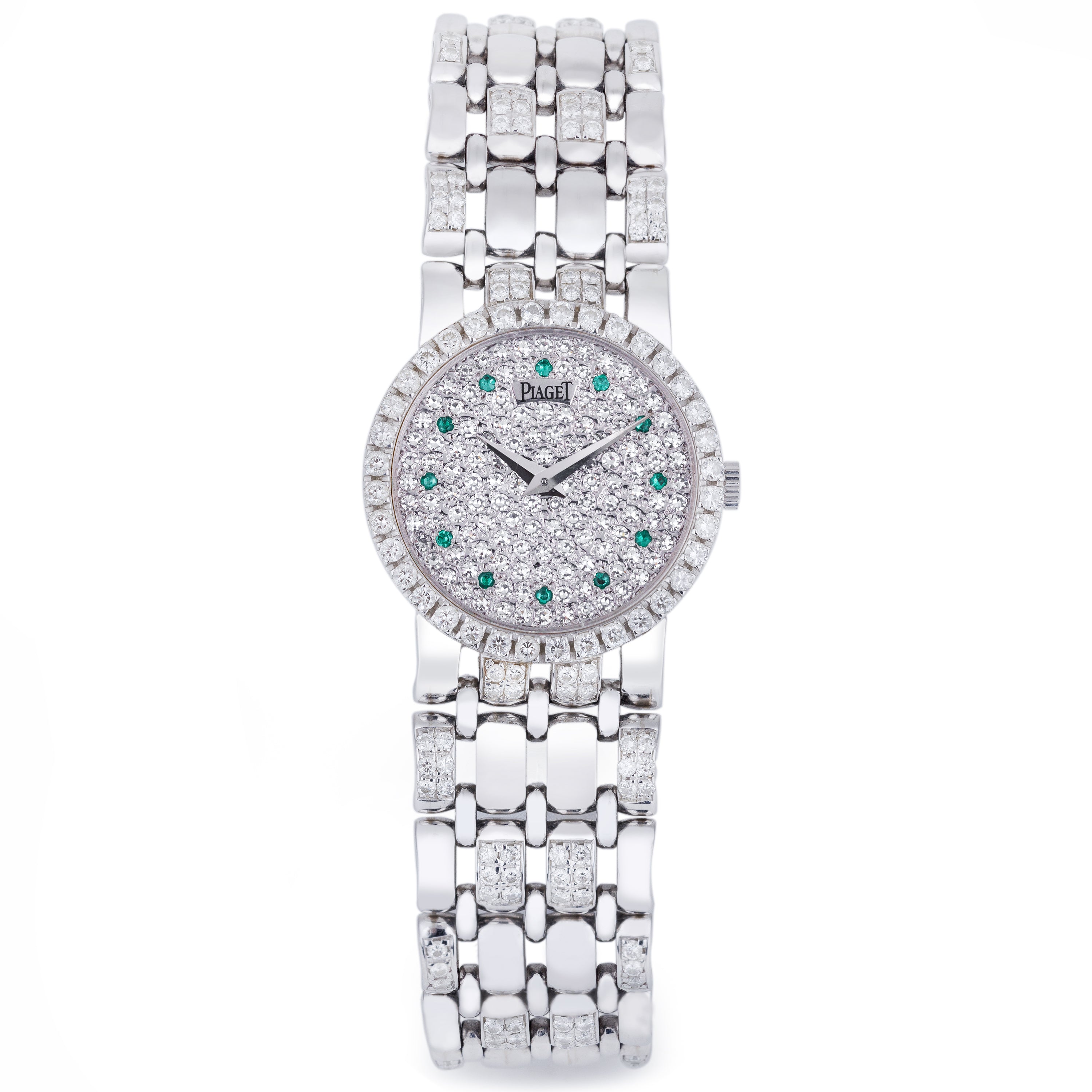 Piaget Vintage Ladies Wristwatch | REF. 9706 K 61 R | Pavé Diamond Dial & Emerald Hours | 18k White Gold | 24mm | Manual Wind | 1970s | Service Papers