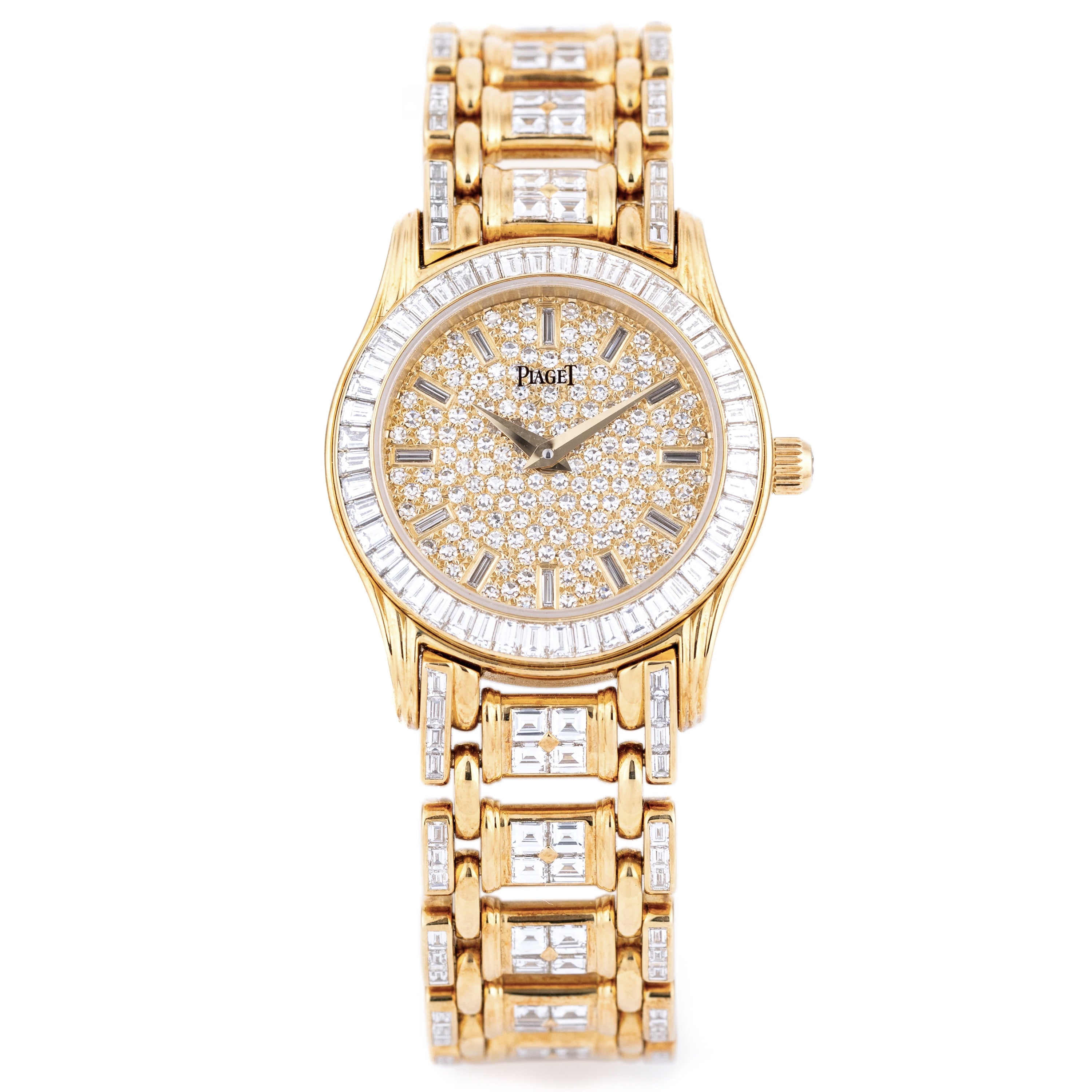 Unworn Piaget Polo Round Ladies Diamond Watch | REF. 22009 M 506 D | 18k Yellow Gold | Pave Diamond Dial with Baguette Diamond Hours | Baguette Diamond Bezel & Bracelet | Circa 2000's