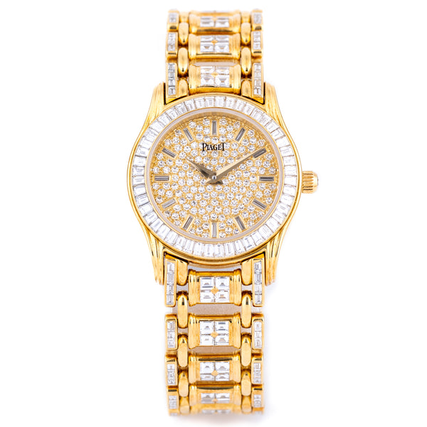 Unworn Piaget Polo Round Ladies Diamond Watch | REF. 22009 M 506 D | 18k Yellow Gold | Pave Diamond Dial with Baguette Diamond Hours | Baguette Diamond Bezel & Bracelet | Circa 2000's