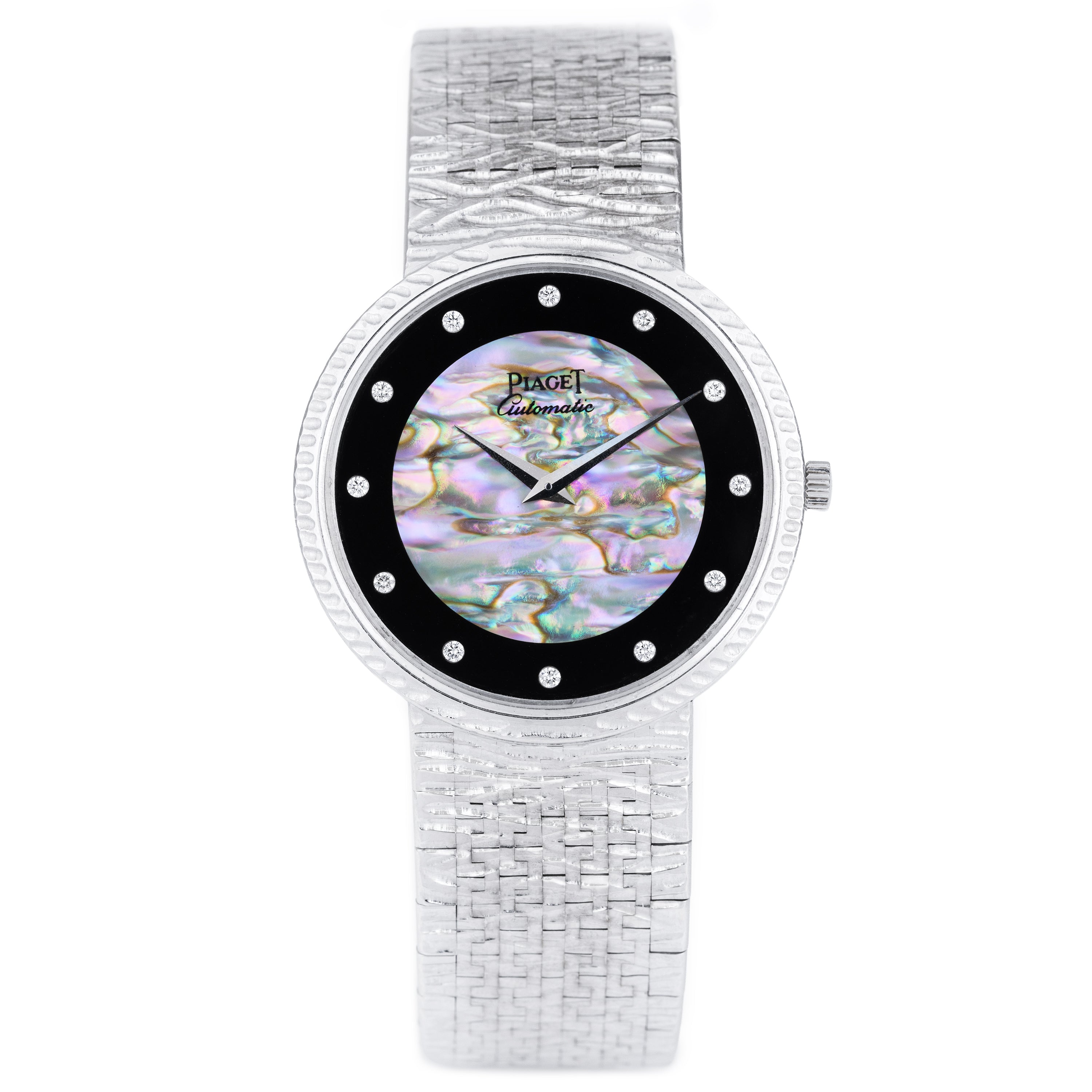 Piaget 1970's wristwatch | REF. 12343 A 19 | Onyx & White Mother of Pearl Diamond Dial | 34mm | 18k White Gold | Automatic | Box