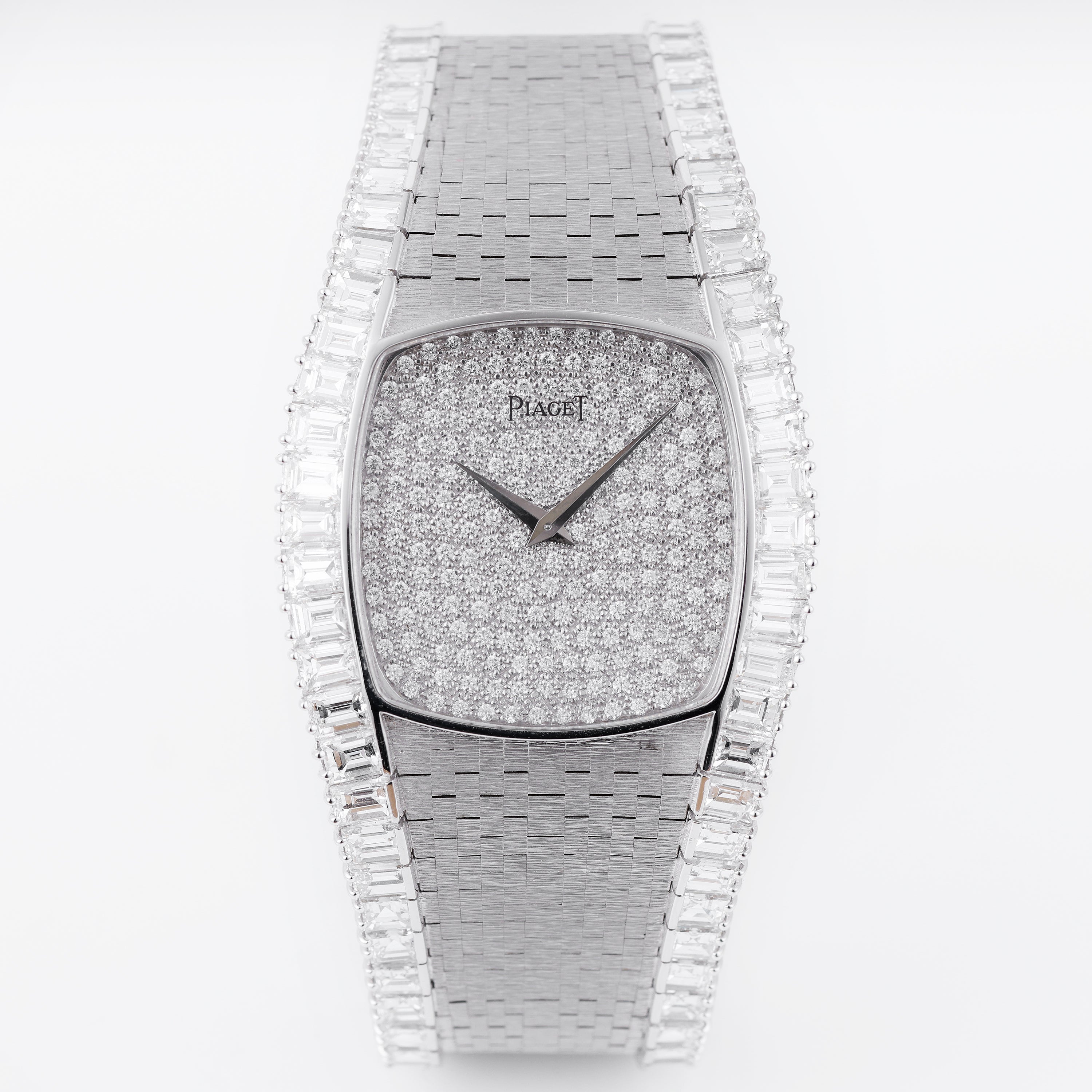 Unworn Vintage & Rare Piaget | Pavé Diamond Dial | 18k White Gold | Circa 1970's | 36mm | Emerald Cut Diamond Bracelet