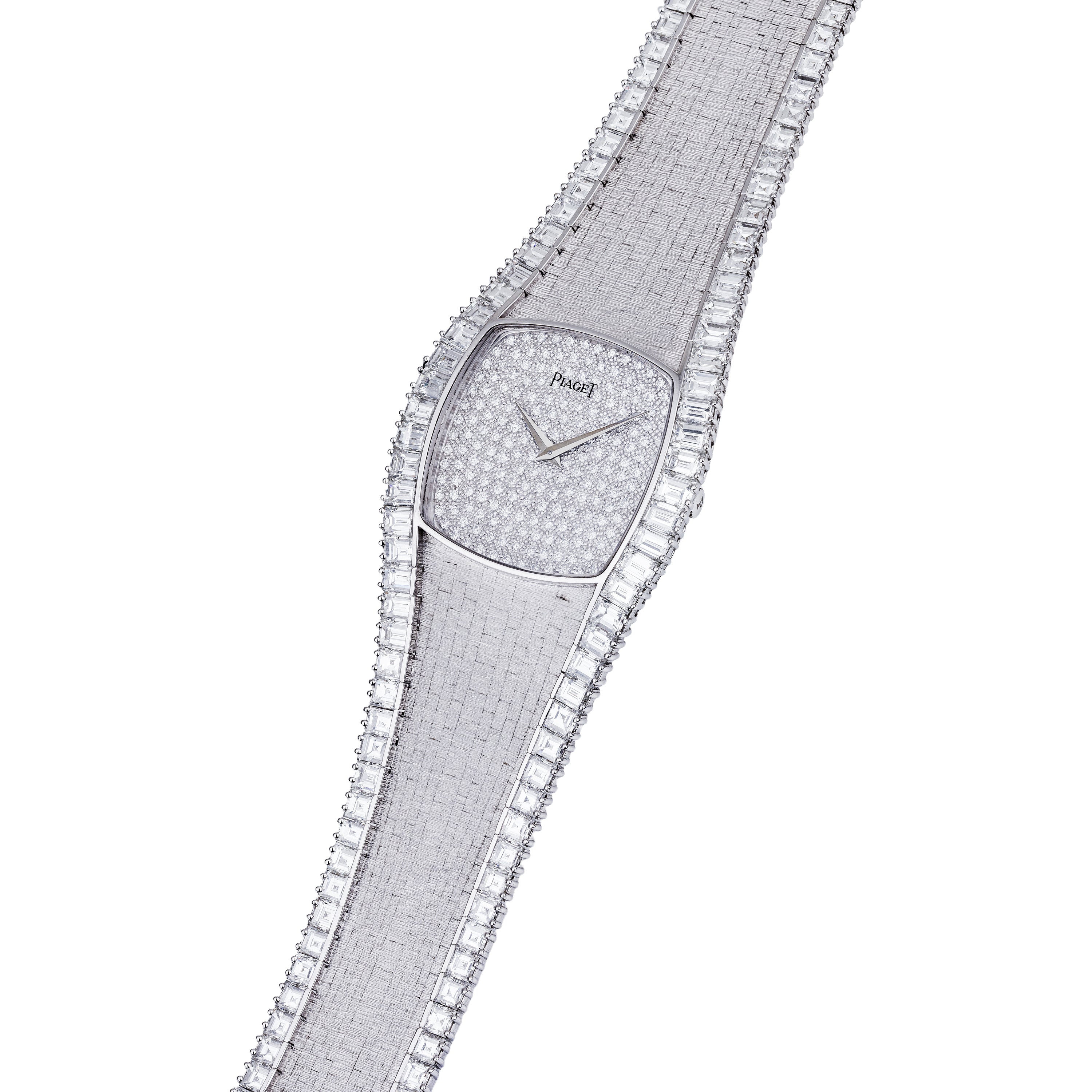 Unworn Vintage & Rare Piaget | Pavé Diamond Dial | 18k White Gold | Circa 1970's | 36mm | Emerald Cut Diamond Bracelet