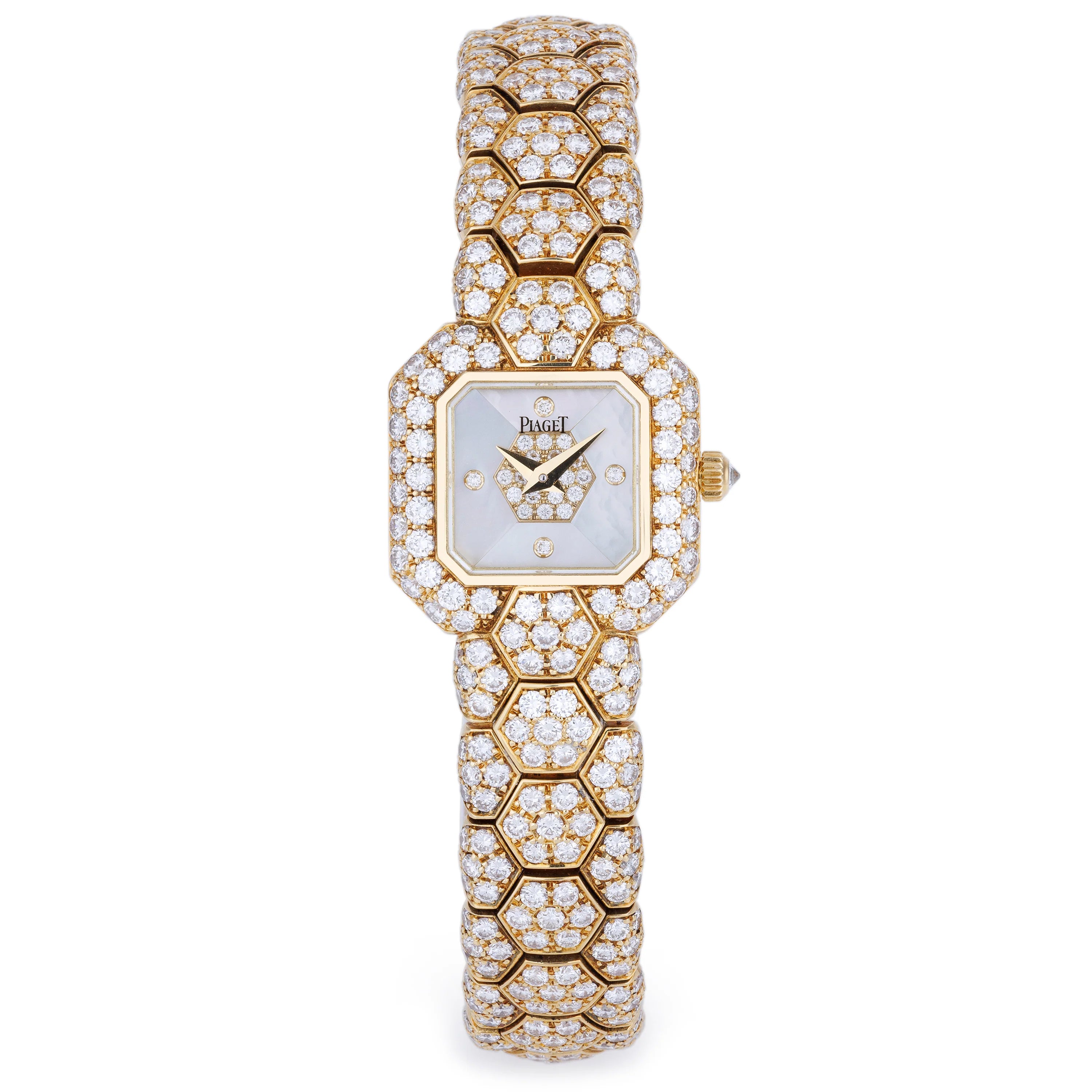 Piaget Glancy Ladies Diamond Watch | REF. 5985 | Mother of Pearl & Pave Diamond Honeycomb | 19.5mm | 18k Yellow Gold | 1996 | Quartz