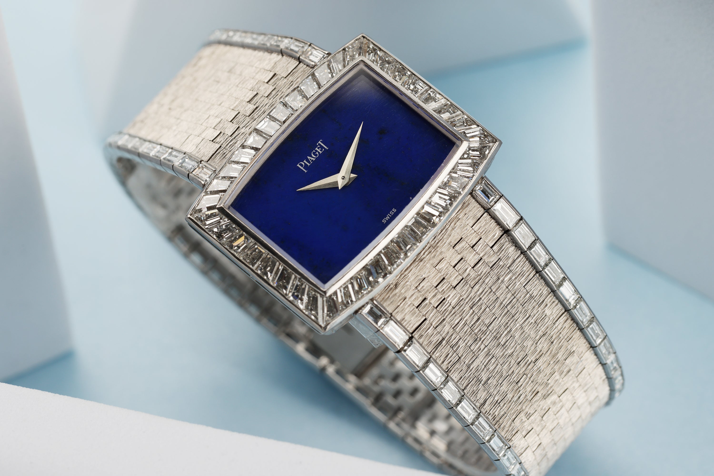 Rare 1970's Piaget | REF. 9665 H 6 | Lapis Lazuli Dial | Baguette Diamond Bezel & Bracelet Lining | 18k White Gold | 31.5mm