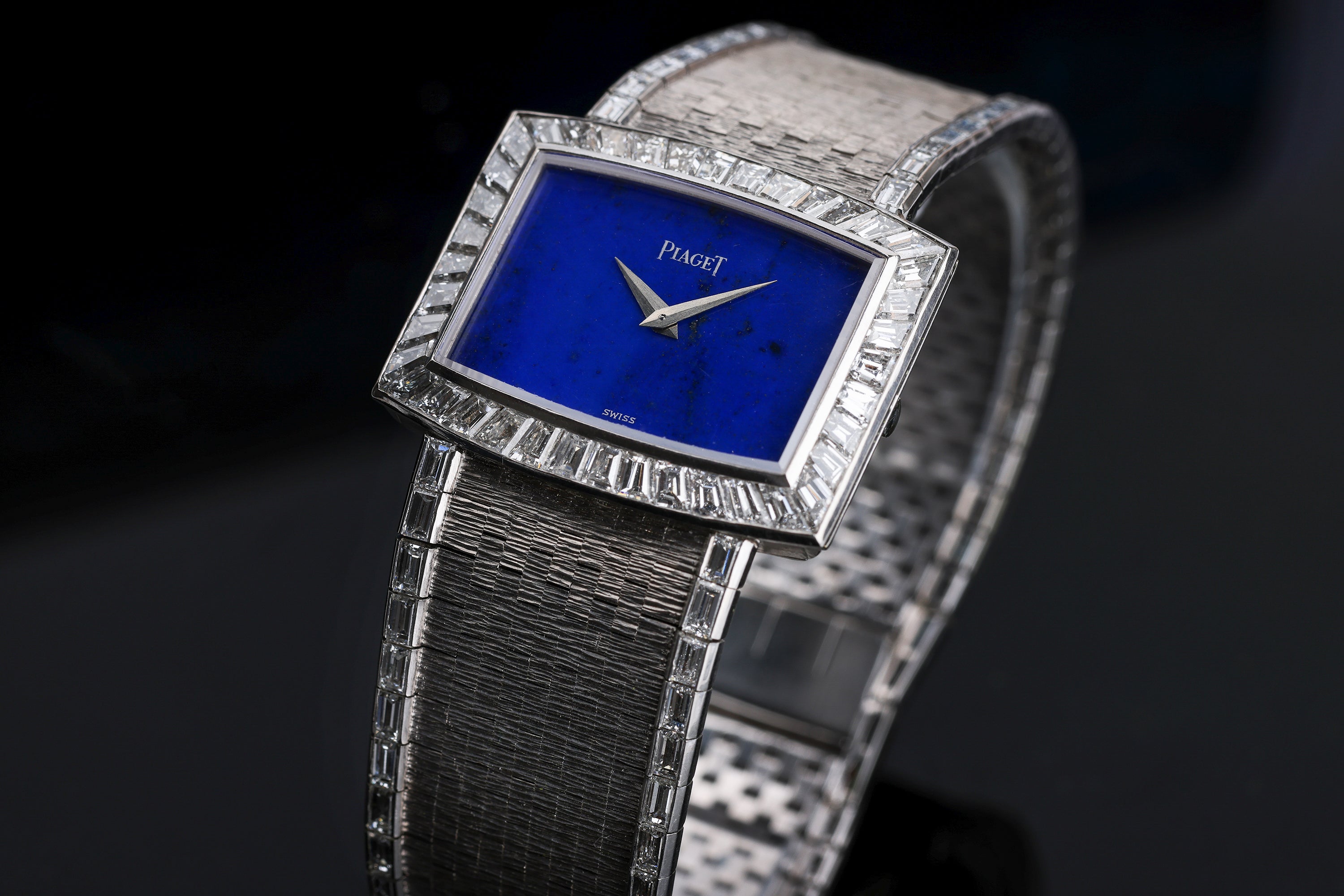 Rare 1970's Piaget | REF. 9665 H 6 | Lapis Lazuli Dial | Baguette Diamond Bezel & Bracelet Lining | 18k White Gold | 31.5mm