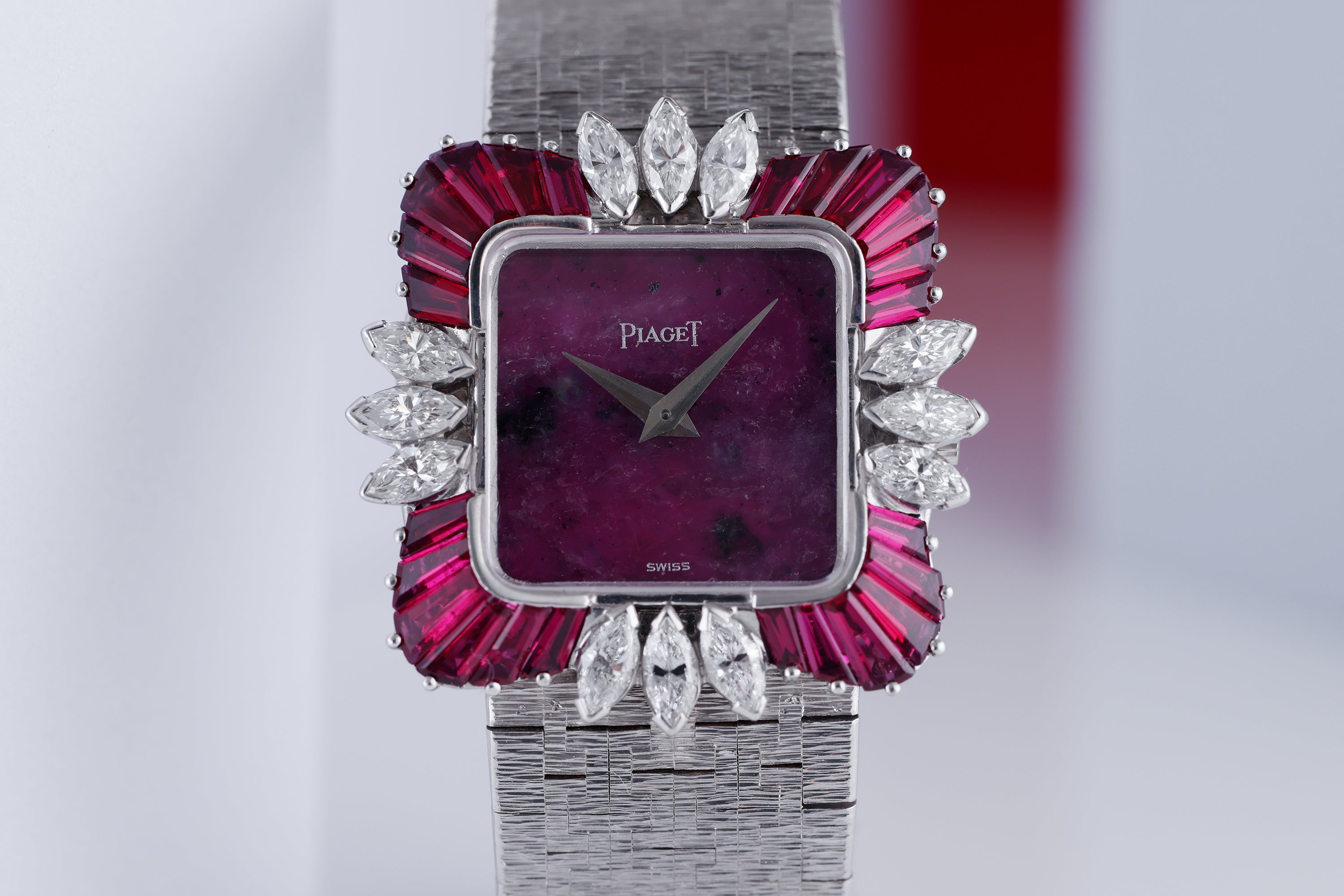 Possibly Unique, Extremely Rare Piaget Vintage Ladies Wristwatch | REF. 9249 A 6 | Rubelite Dial | Rubies & Marquise Diamonds | 18k White Gold | 25mm | Manual Wind | 1980s