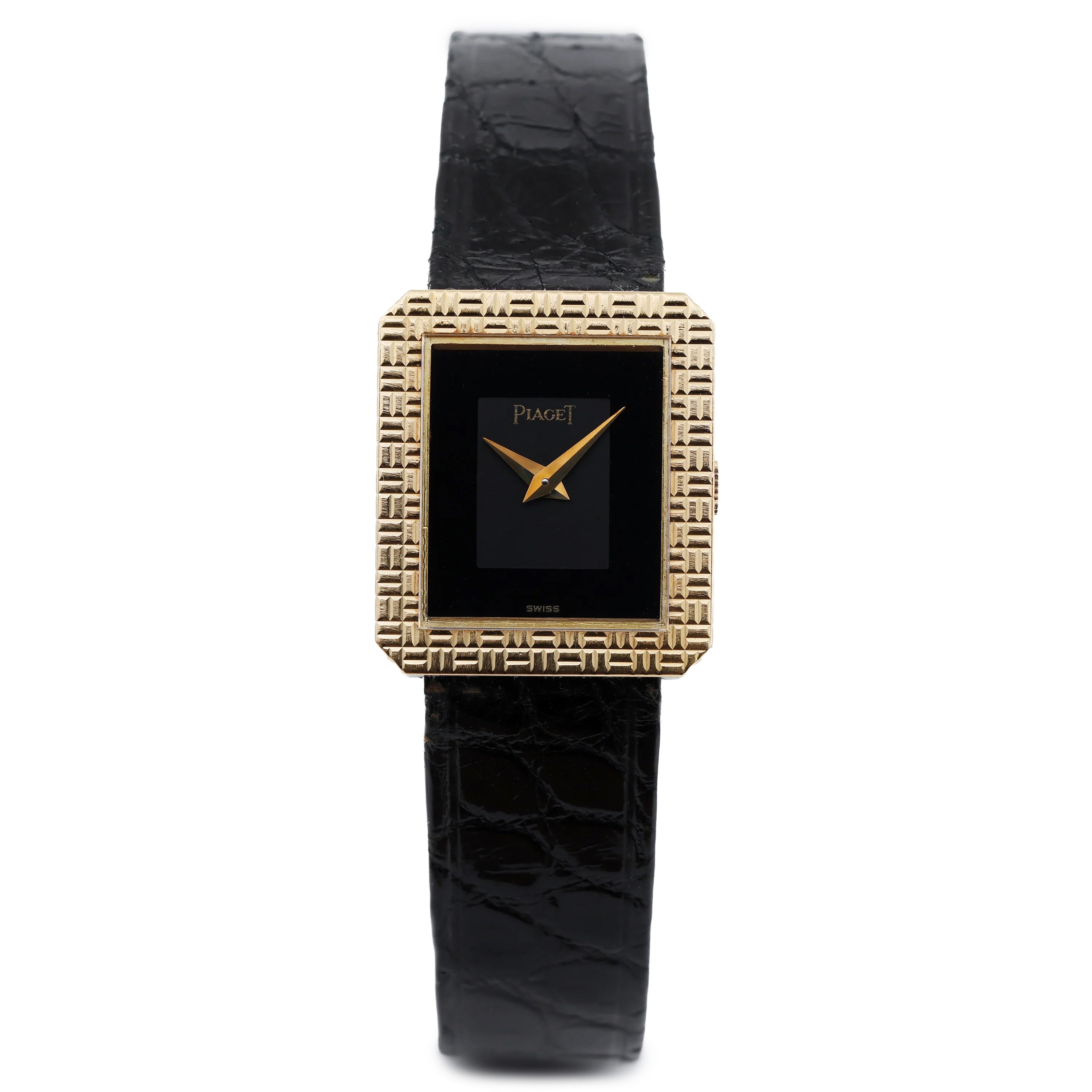 Unworn Piaget Vintage Ladies Wristwatch | REF. 41543 | Black & Grey Dial | Engraved Bezel | 20mm | 18k Yellow Gold | Manual Wind | 1982