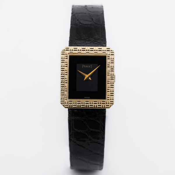 Unworn Piaget Vintage Ladies Wristwatch | REF. 41543 | Black & Grey Dial | Engraved Bezel | 20mm | 18k Yellow Gold | Manual Wind | 1982