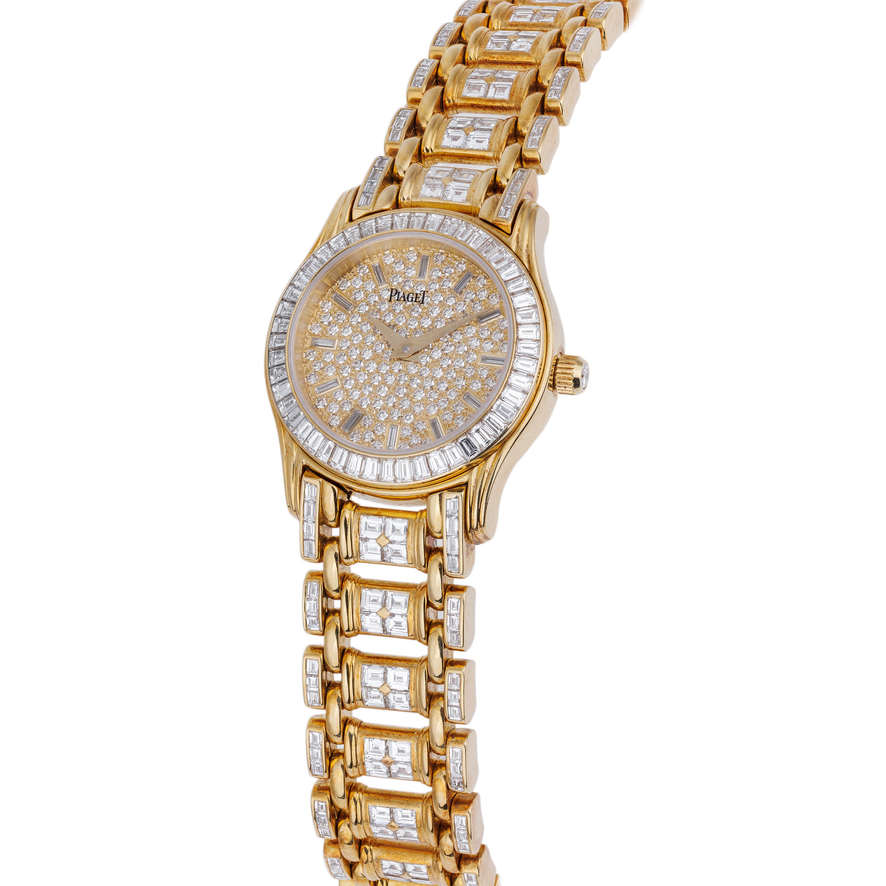 Unworn Piaget Polo Round Ladies Diamond Watch | REF. 22009 M 506 D | 18k Yellow Gold | Pave Diamond Dial with Baguette Diamond Hours | Baguette Diamond Bezel & Bracelet | Circa 2000's