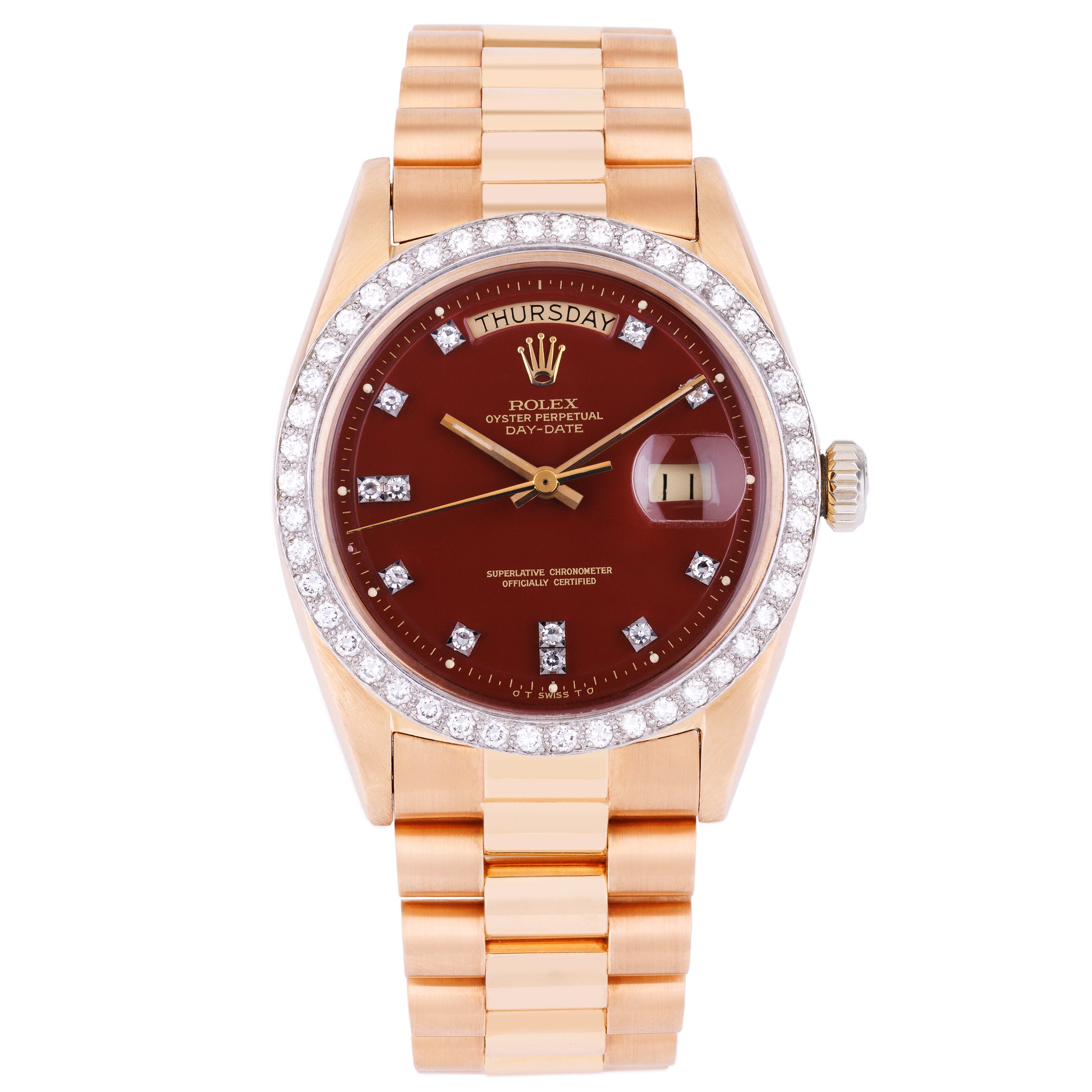 Rolex Day-Date | REF. 1804 | Oxblood Red 'Stella' Dial | Rare Double Diamond Hour & Bezel | 18k Rose & White Gold | 1973