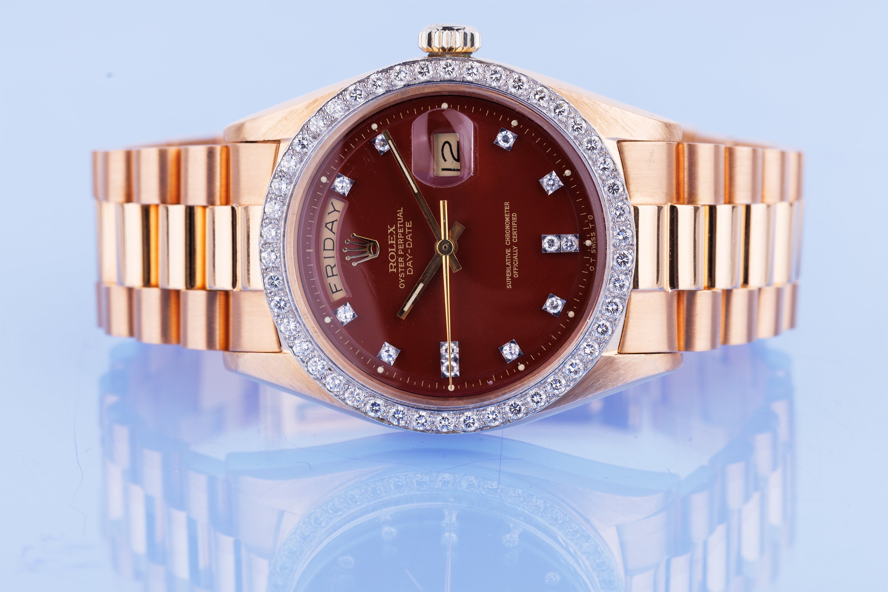 Rolex Day-Date | REF. 1804 | Oxblood Red 'Stella' Dial | Rare Double Diamond Hour & Bezel | 18k Rose & White Gold | 1973