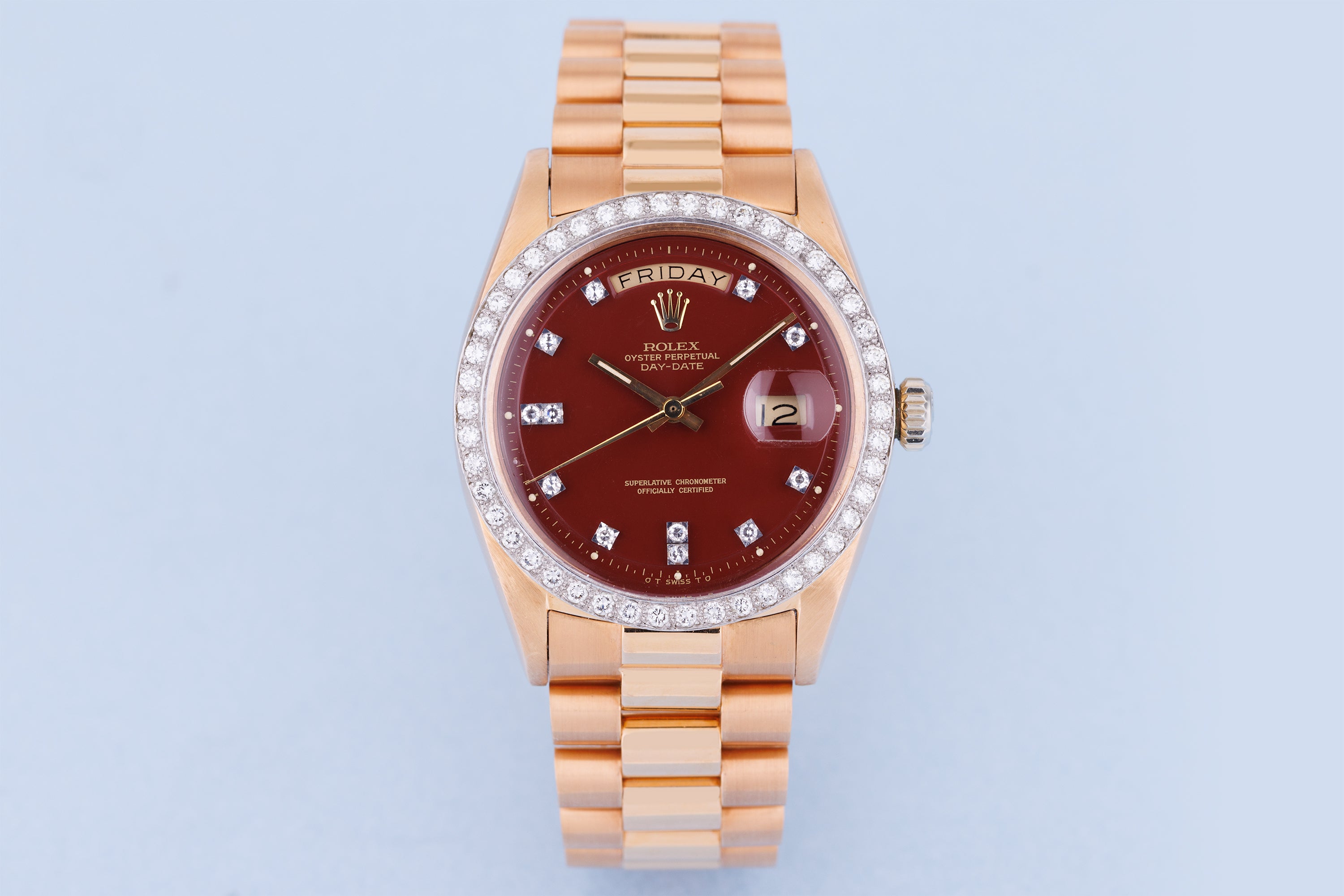 Rolex Day-Date | REF. 1804 | Oxblood Red 'Stella' Dial | Rare Double Diamond Hour & Bezel | 18k Rose & White Gold | 1973