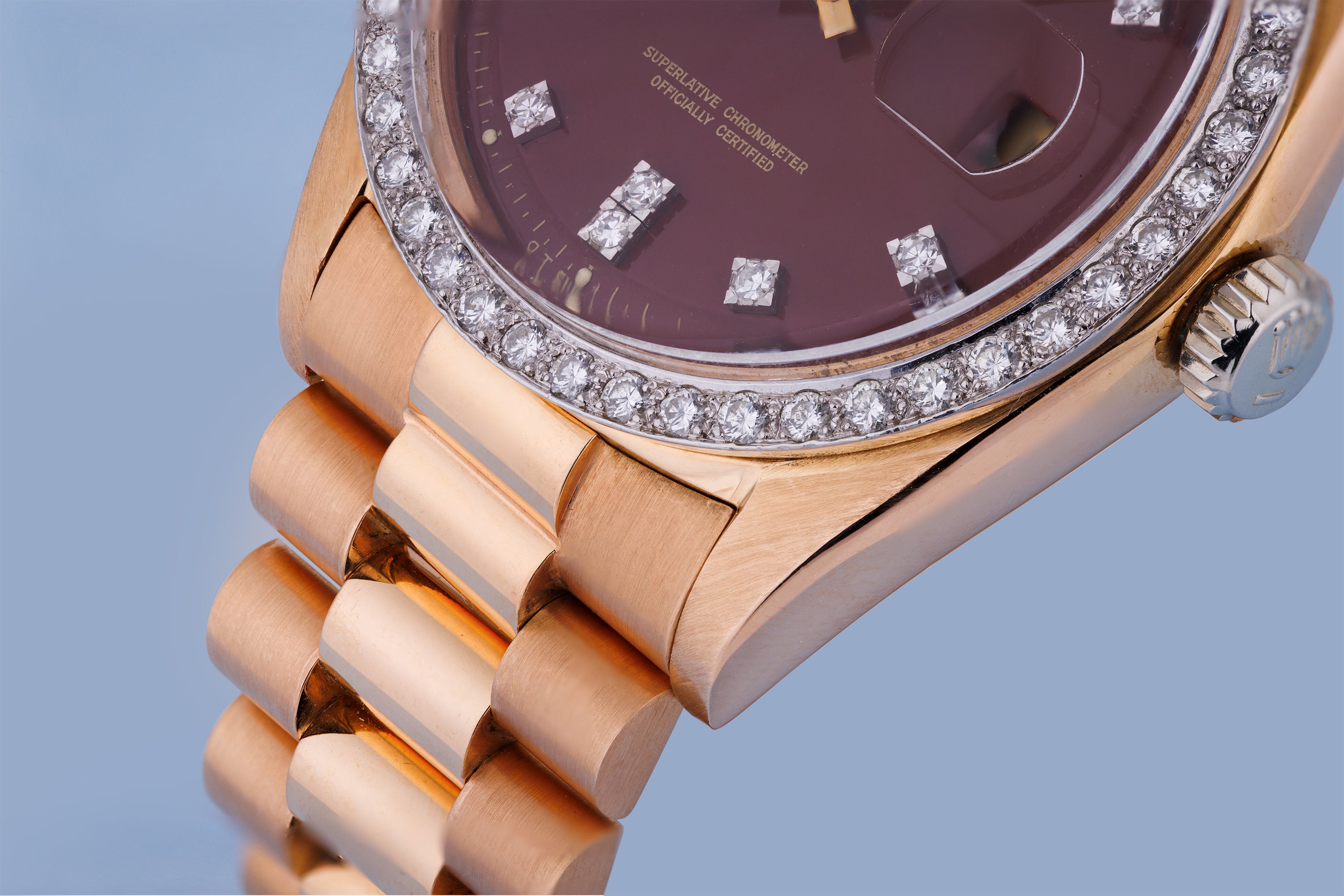 Rolex Day-Date | REF. 1804 | Oxblood Red 'Stella' Dial | Rare Double Diamond Hour & Bezel | 18k Rose & White Gold | 1973
