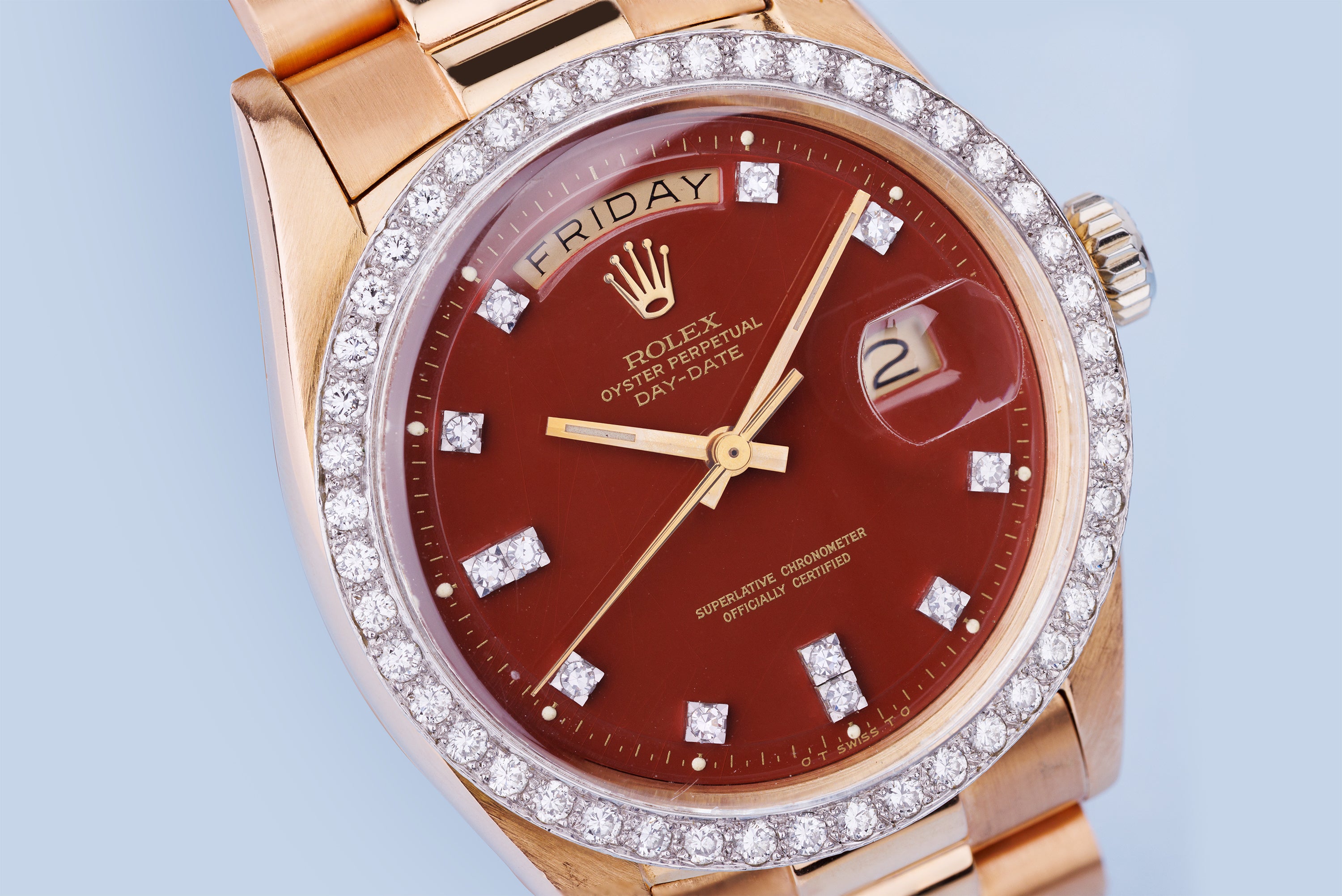 Rolex Day-Date | REF. 1804 | Oxblood Red 'Stella' Dial | Rare Double Diamond Hour & Bezel | 18k Rose & White Gold | 1973