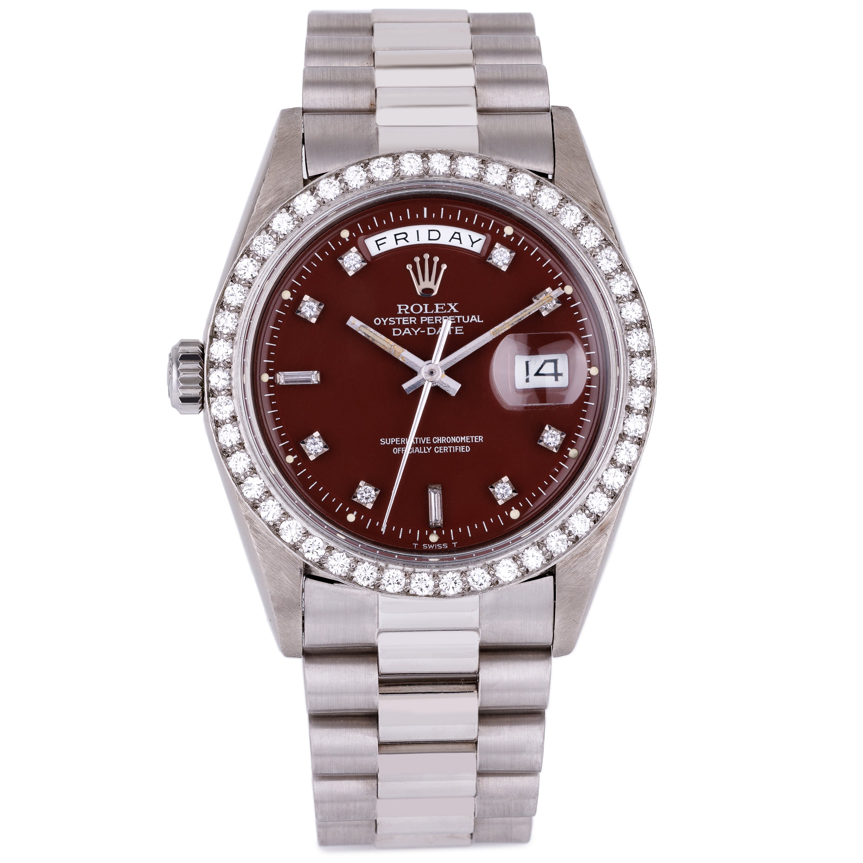 Ultra-Rare Left-Handed Rolex Day-Date | REF. 1804 | Oxblood Red 'Stella' Dial | Diamond Hours & Bezel | 18k White Gold | 1978