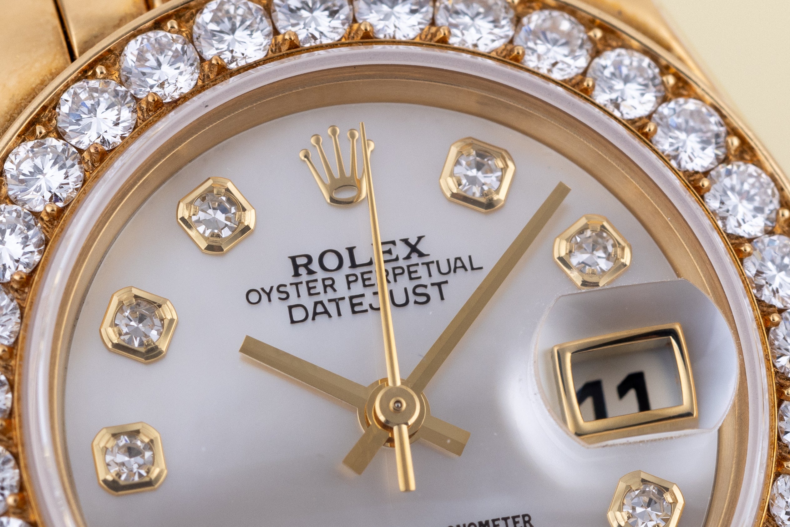 Rare Rolex Lady DateJust Pearlmaster | REF. 69298 | White Mother of Pearl Diamond Dial | Diamond Bezel & Bracelet | 18k Yellow Gold | 1995
