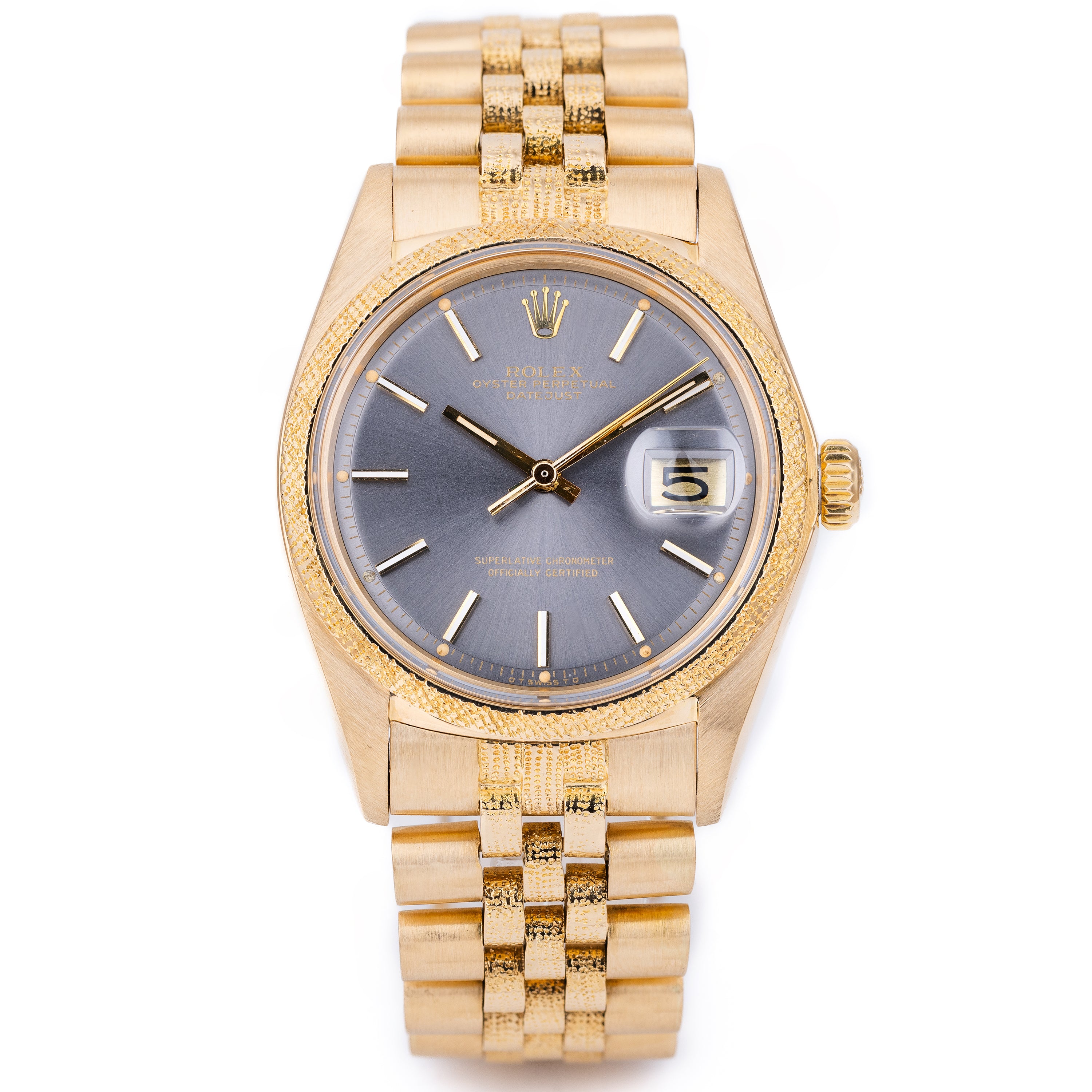 Rolex DateJust 36 | REF. 1600 | Grey Dial | 18k Yellow Gold | 1977 | Grained Texture Bezel & Bracelet