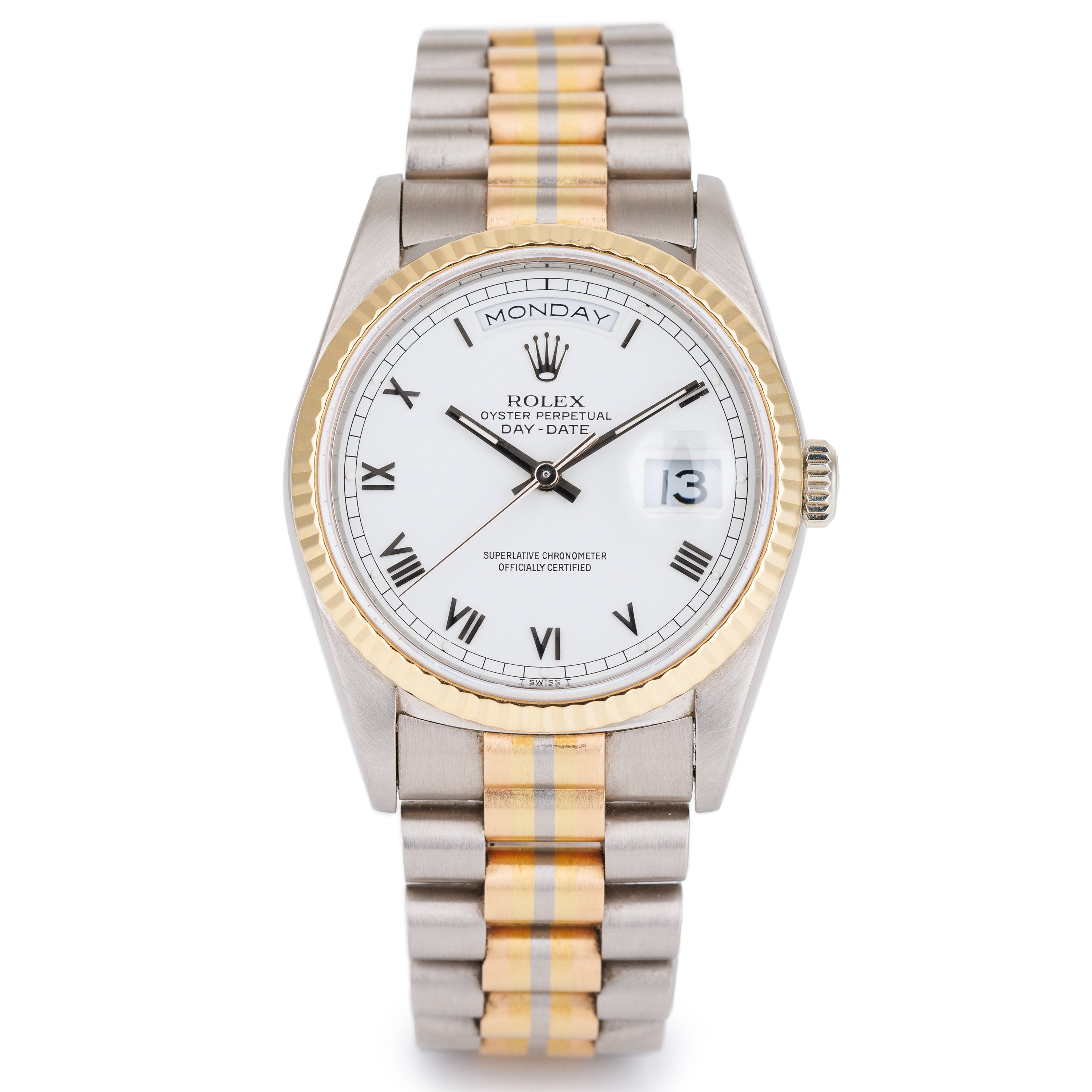 Rolex Day-Date Tridor | REF. 18239B | White Dial | 18k White, Rose & Yellow Gold | 1988