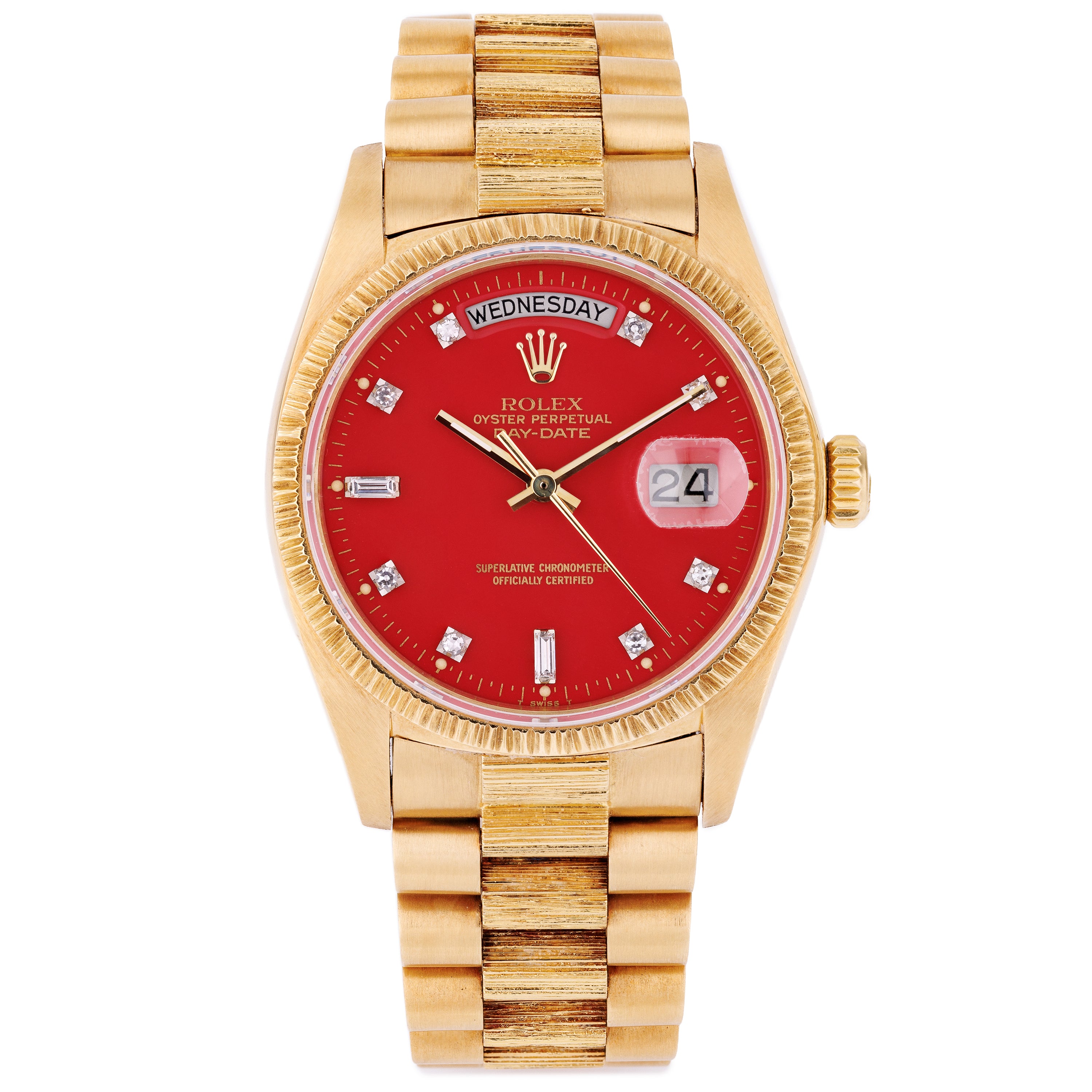 Rolex Day-Date | REF. 18078 | Cherry Red 'Stella' Diamond Dial | Bark Finish | 18k Yellow Gold | 1979