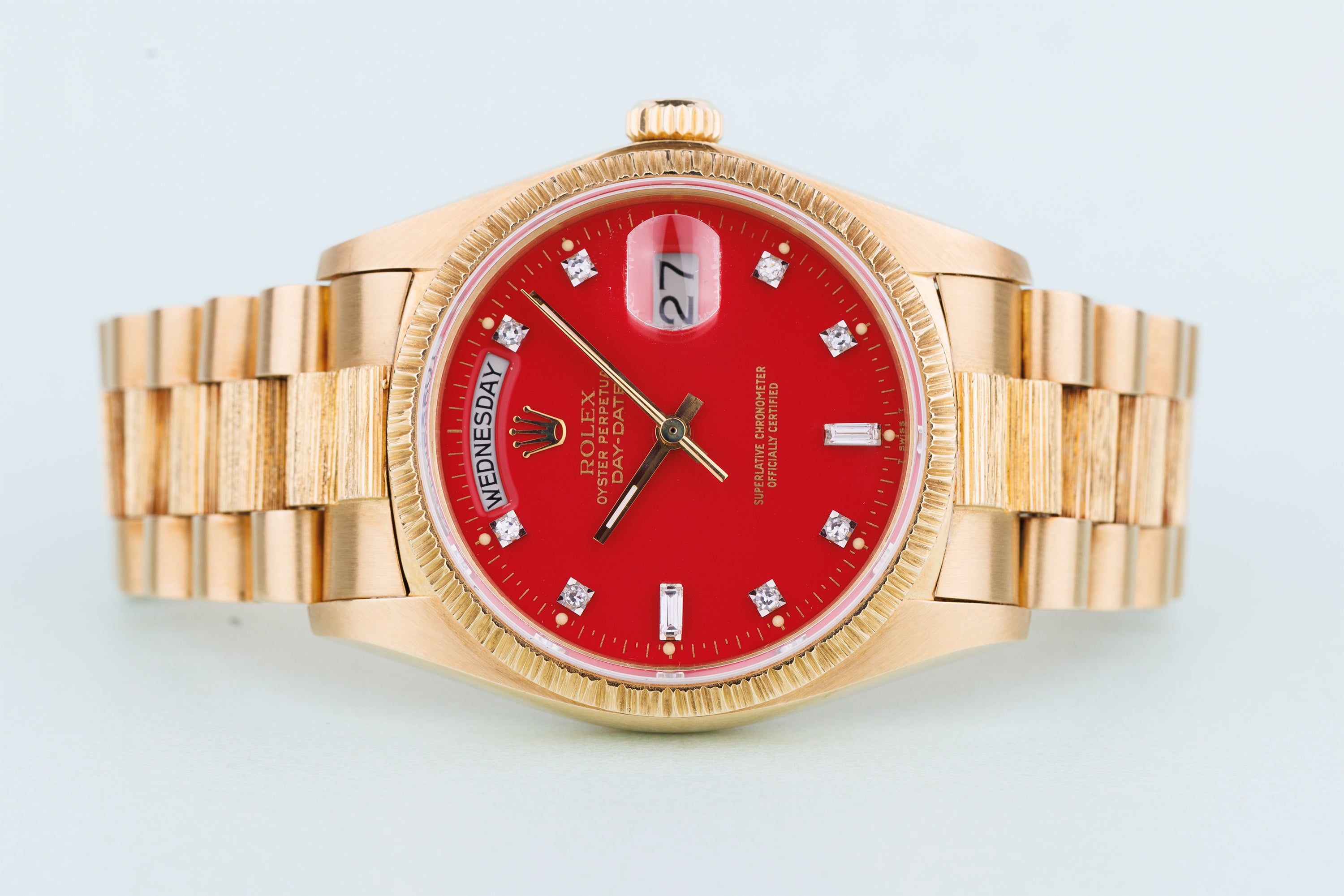 Rolex Day-Date | REF. 18078 | Cherry Red 'Stella' Diamond Dial | Bark Finish | 18k Yellow Gold | 1979