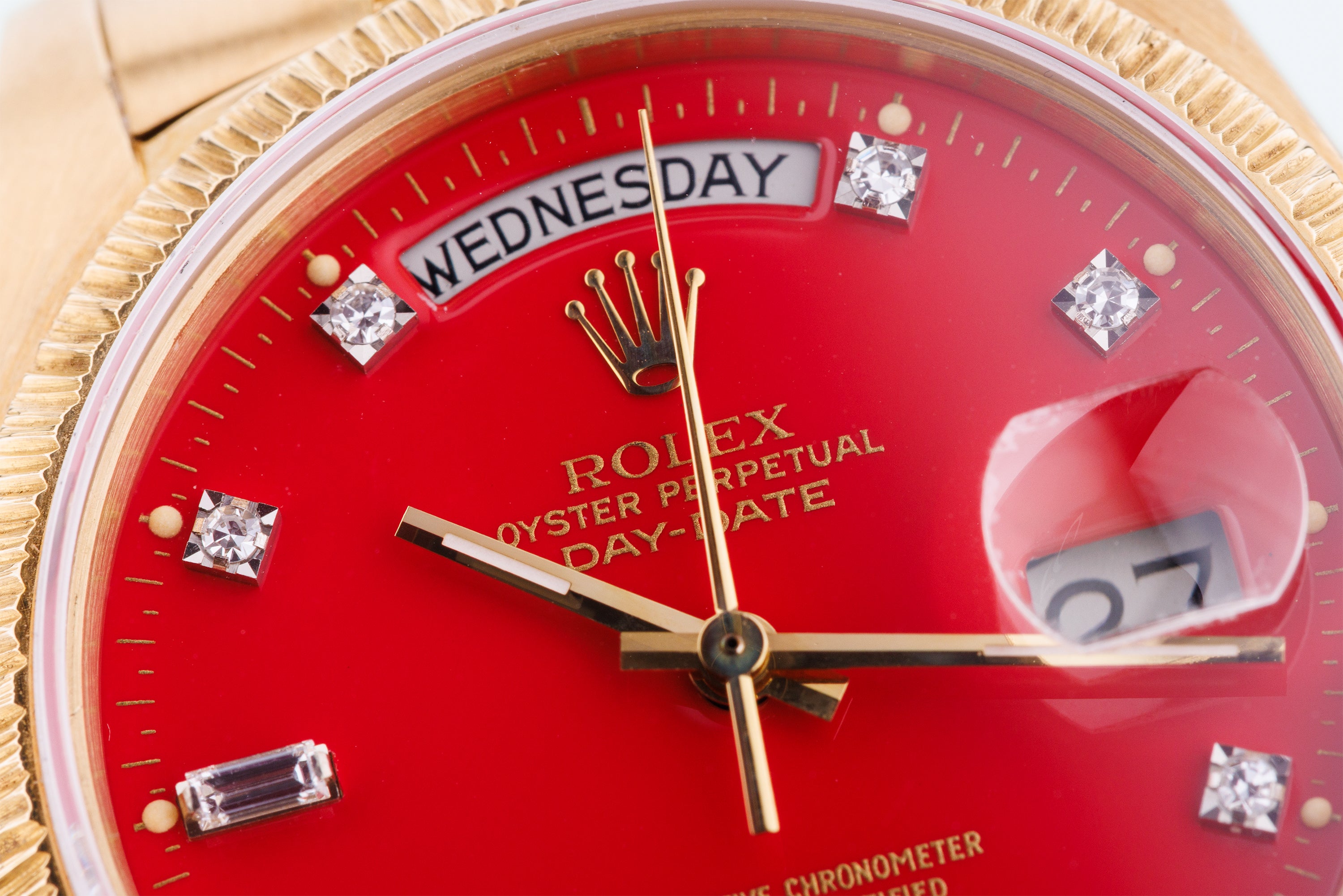 Rolex Day-Date | REF. 18078 | Cherry Red 'Stella' Diamond Dial | Bark Finish | 18k Yellow Gold | 1979