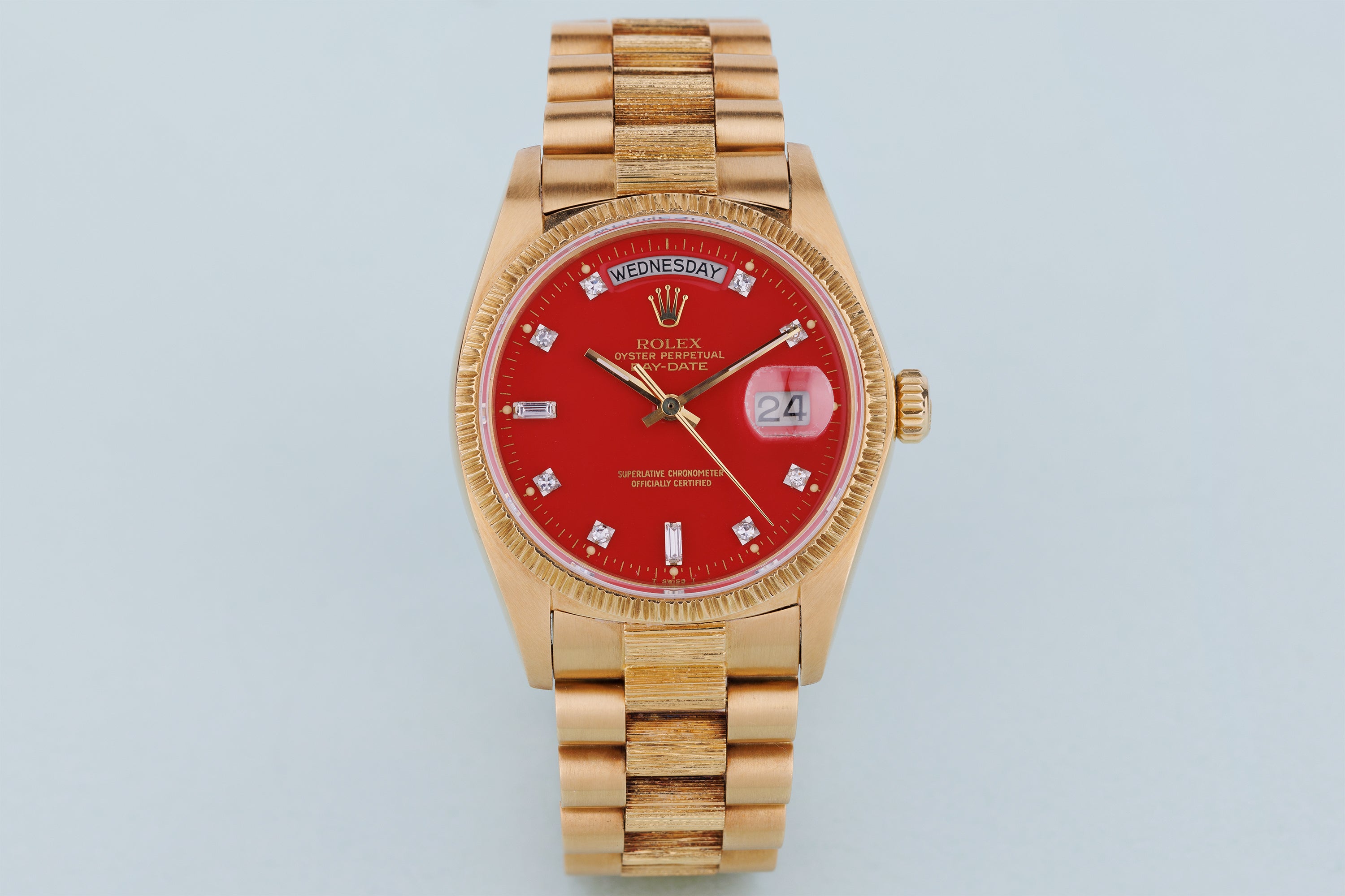 Rolex Day-Date | REF. 18078 | Cherry Red 'Stella' Diamond Dial | Bark Finish | 18k Yellow Gold | 1979