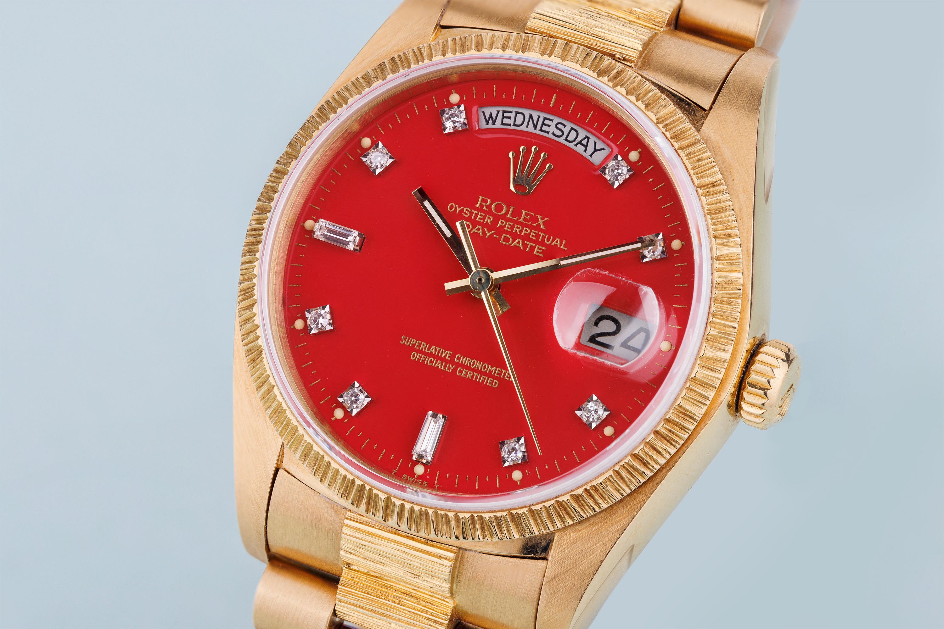 Rolex Day-Date | REF. 18078 | Cherry Red 'Stella' Diamond Dial | Bark Finish | 18k Yellow Gold | 1979