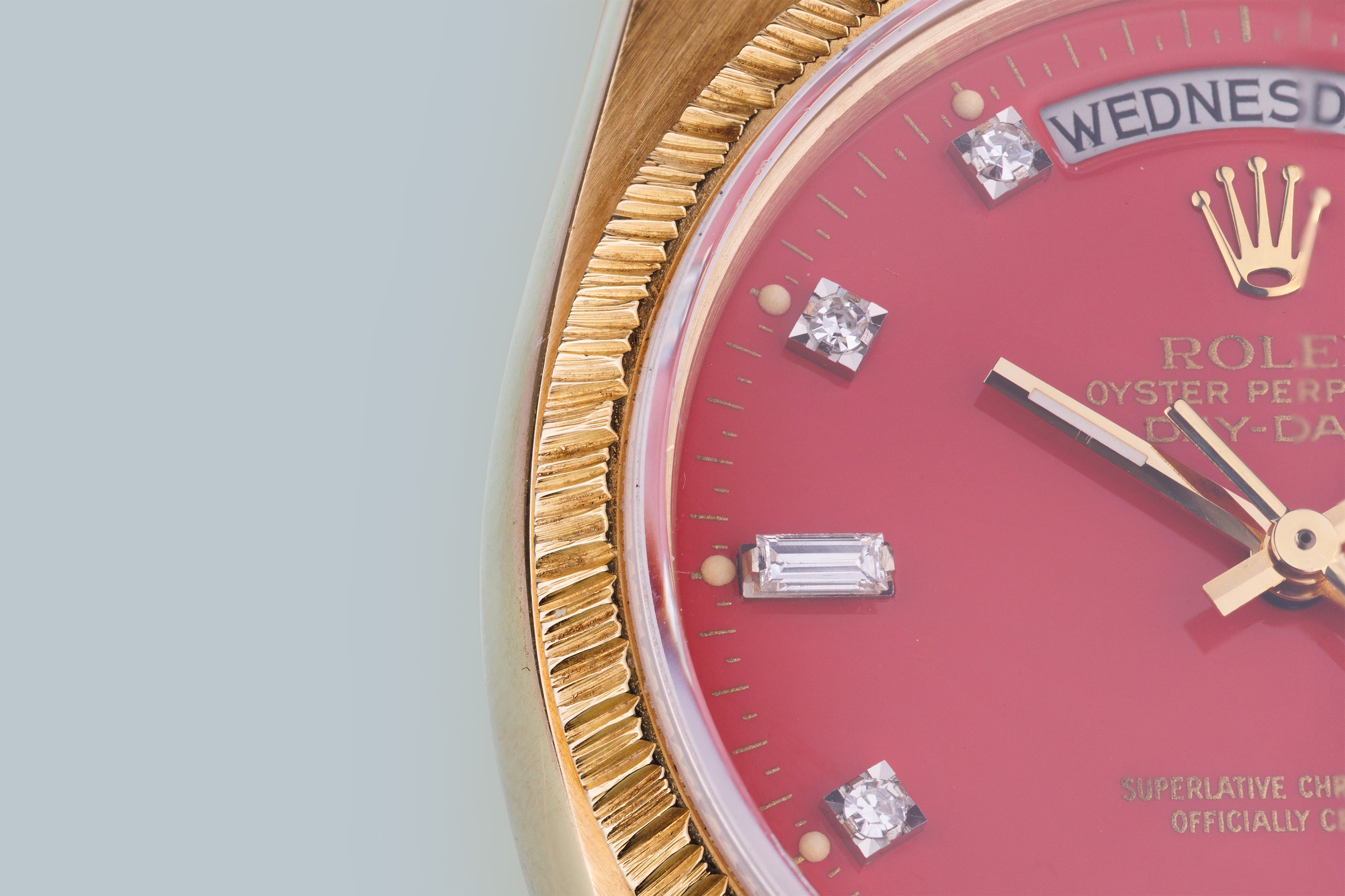 Rolex Day-Date | REF. 18078 | Cherry Red 'Stella' Diamond Dial | Bark Finish | 18k Yellow Gold | 1979