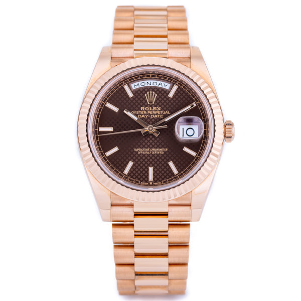 Unworn Rolex Day-Date | REF. 228235 | Chocolate Brown Motif Dial | 18k Rose Gold | 2019 | Box & Papers