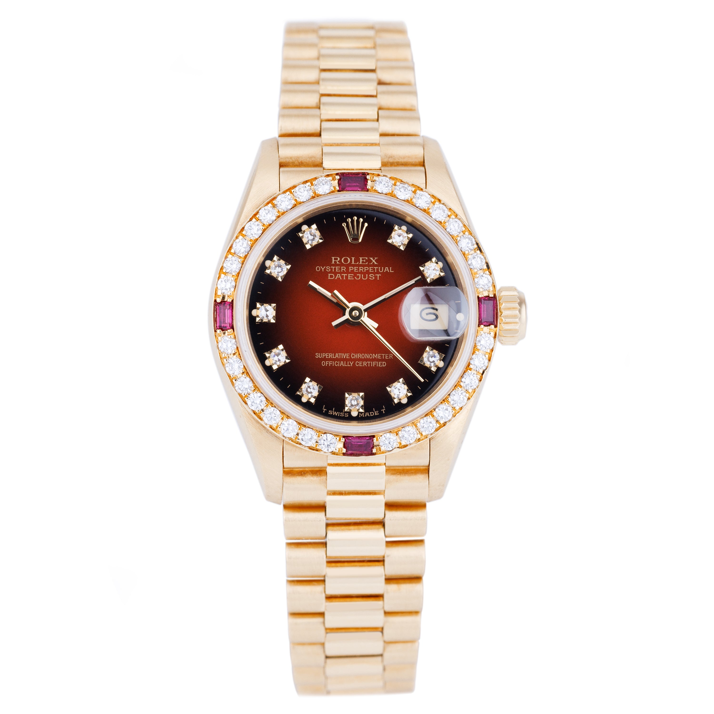 Rolex Lady DateJust 26 | REF. 69068 | Red Vignette Diamond Dial | Diamond & Ruby Bezel | 18k Yellow Gold | 1990