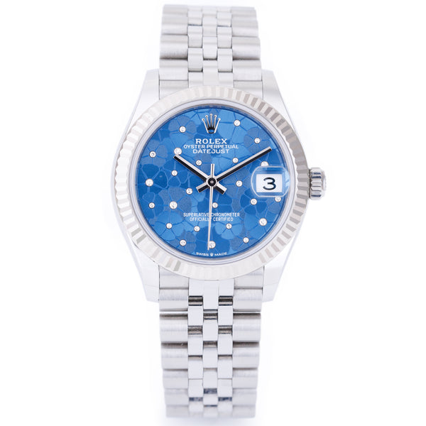 Rolex DateJust 31 | REF. 278274 | 31mm | Blue Floral Motif Diamond Dial | Stainless Steel & 18k White Gold | Box & Papers | 2022