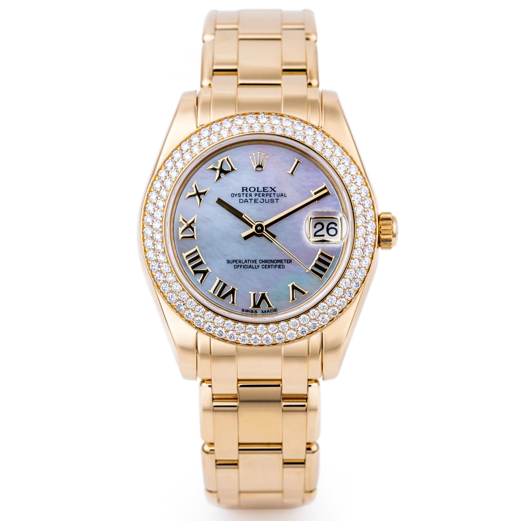 Rolex Pearlmaster DateJust 34 | REF. 81338 | Mother of Pearl Roman Dial | Double Diamond Bezel | Box & Papers | 2012 | 18k Yellow Gold