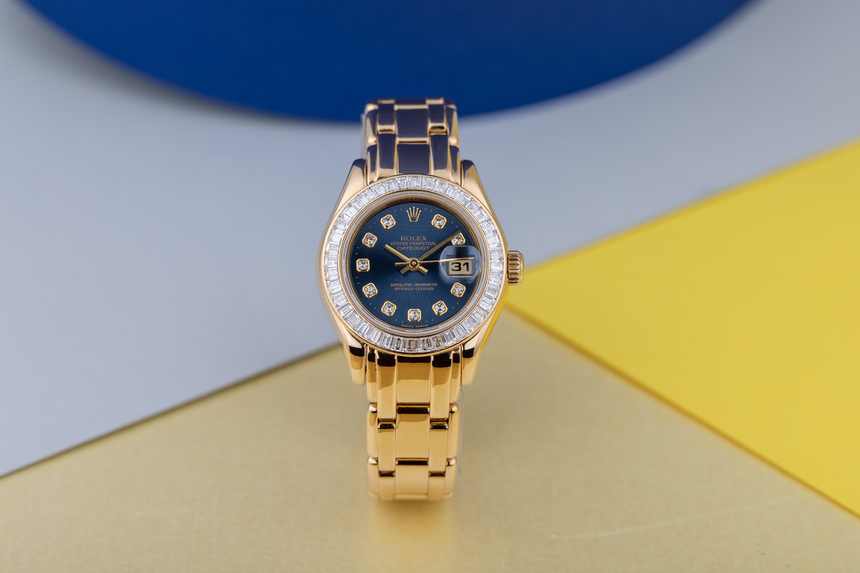 Rolex DateJust Pearlmaster | REF. 69308 | Blue Diamond Dial | Baguette Diamond Bezel | Papers | 2001 | 18k Yellow Gold