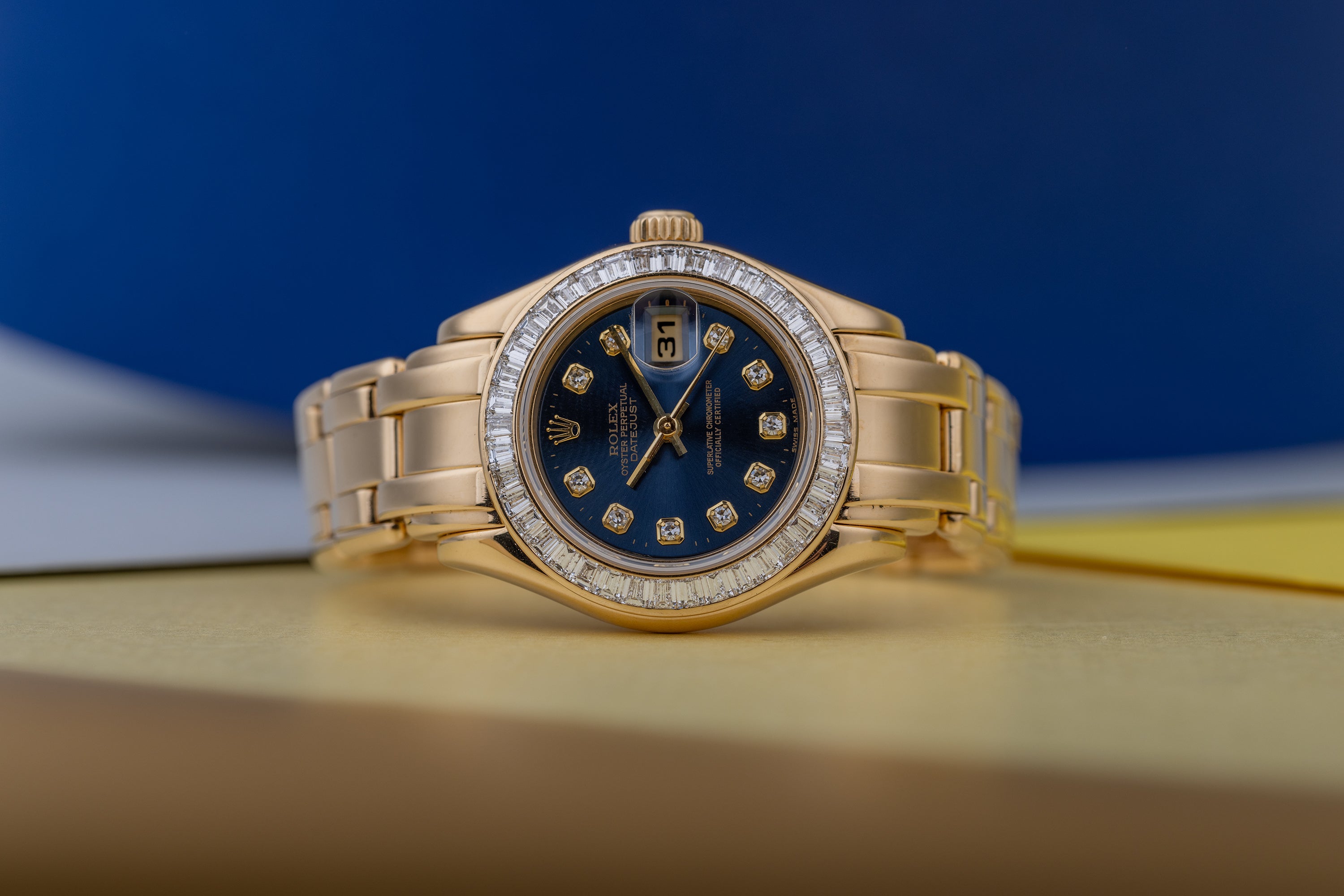 Rolex DateJust Pearlmaster | REF. 69308 | Blue Diamond Dial | Baguette Diamond Bezel | Papers | 2001 | 18k Yellow Gold