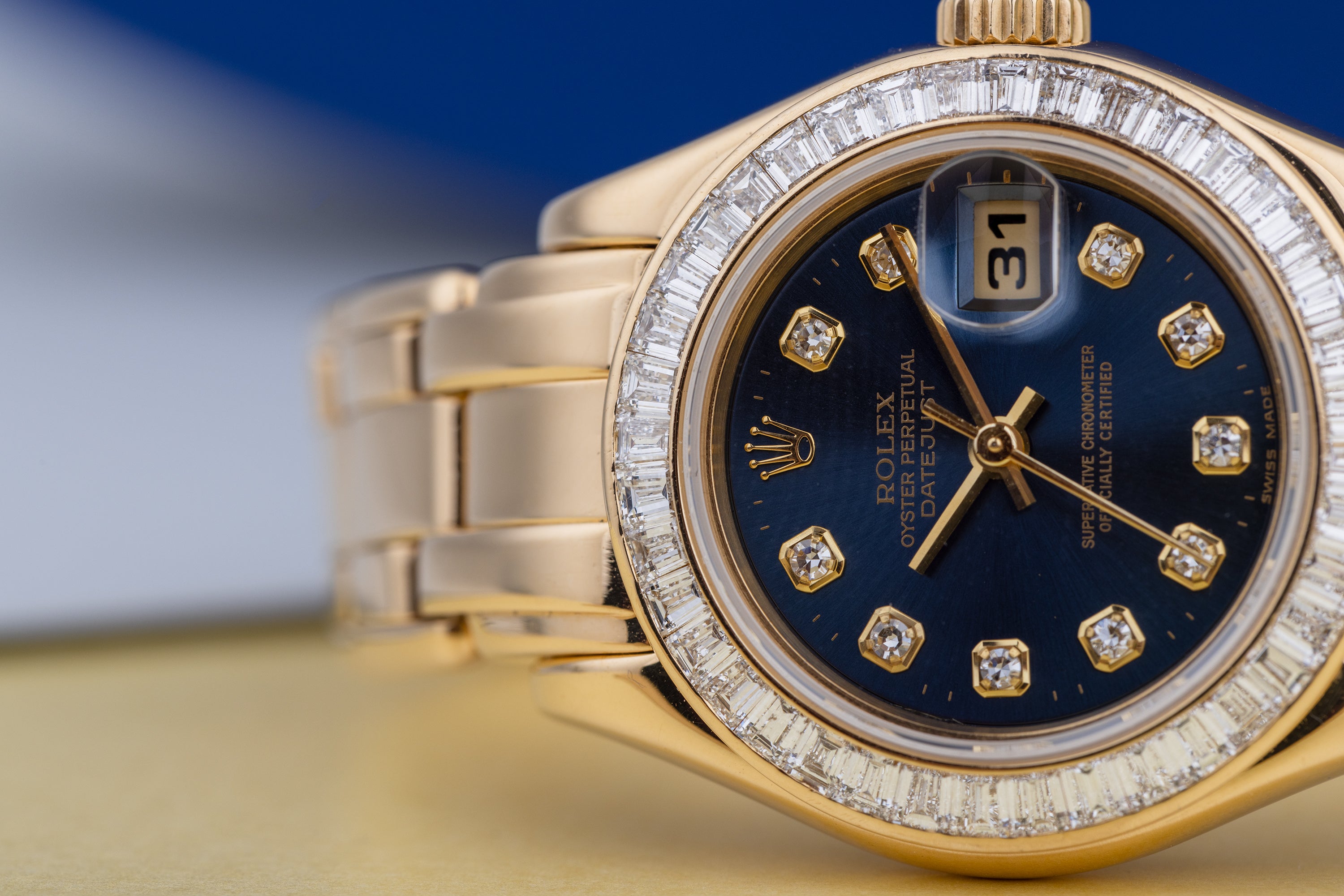 Rolex DateJust Pearlmaster | REF. 69308 | Blue Diamond Dial | Baguette Diamond Bezel | Papers | 2001 | 18k Yellow Gold