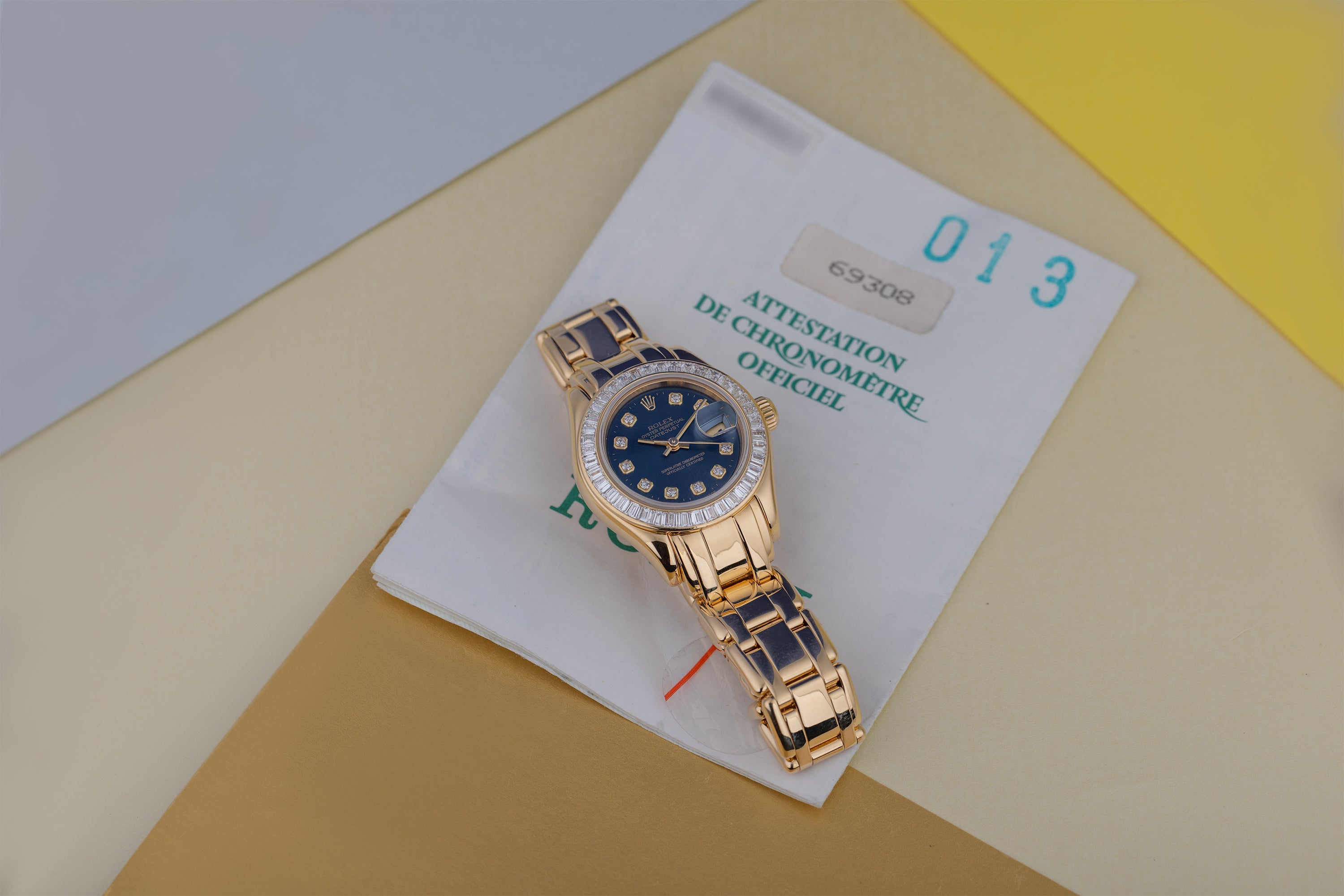 Rolex DateJust Pearlmaster | REF. 69308 | Blue Diamond Dial | Baguette Diamond Bezel | Papers | 2001 | 18k Yellow Gold
