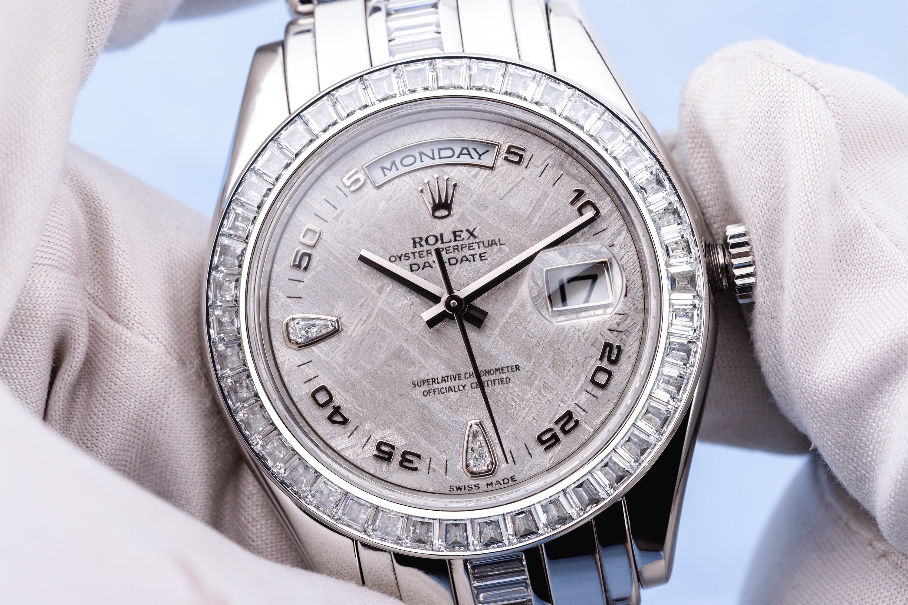 Rolex Day-Date Masterpiece 39mm | REF. 18956BR | Platinum | Meteorite Dial | Baguette-Cut Diamond Bezel & Bracelet | Box & Papers | 2007