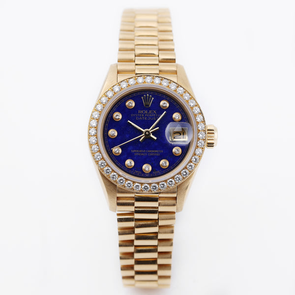 Factory Rolex Lady DateJust 69138 Lapis Lazuli Diamond 18K Yellow Gold