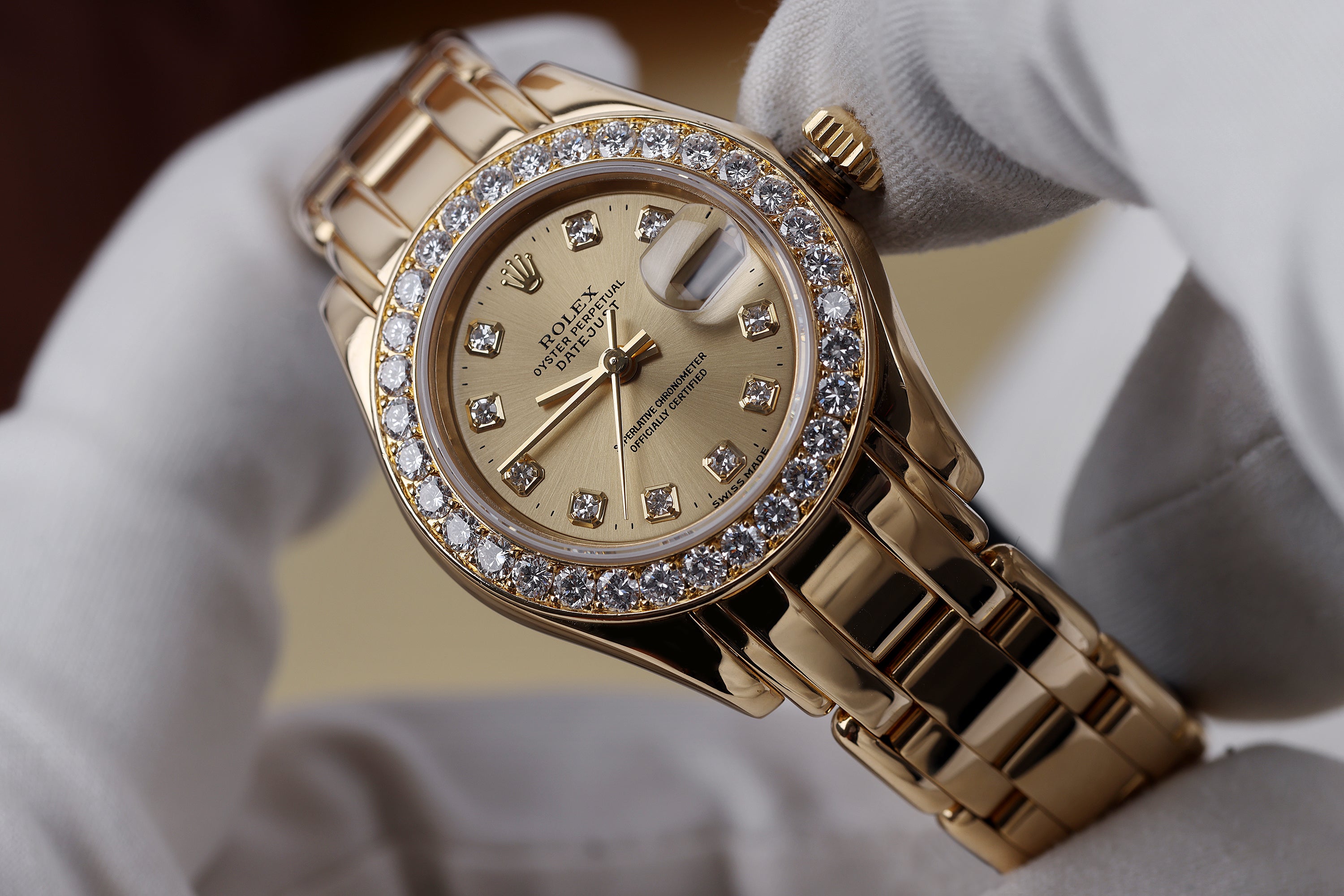 Rolex Pearlmaster | REF. 69298 | Gold Dial | Diamond Bezel & Dial | 18k Yellow Gold | 29mm | Box & Papers | 1997