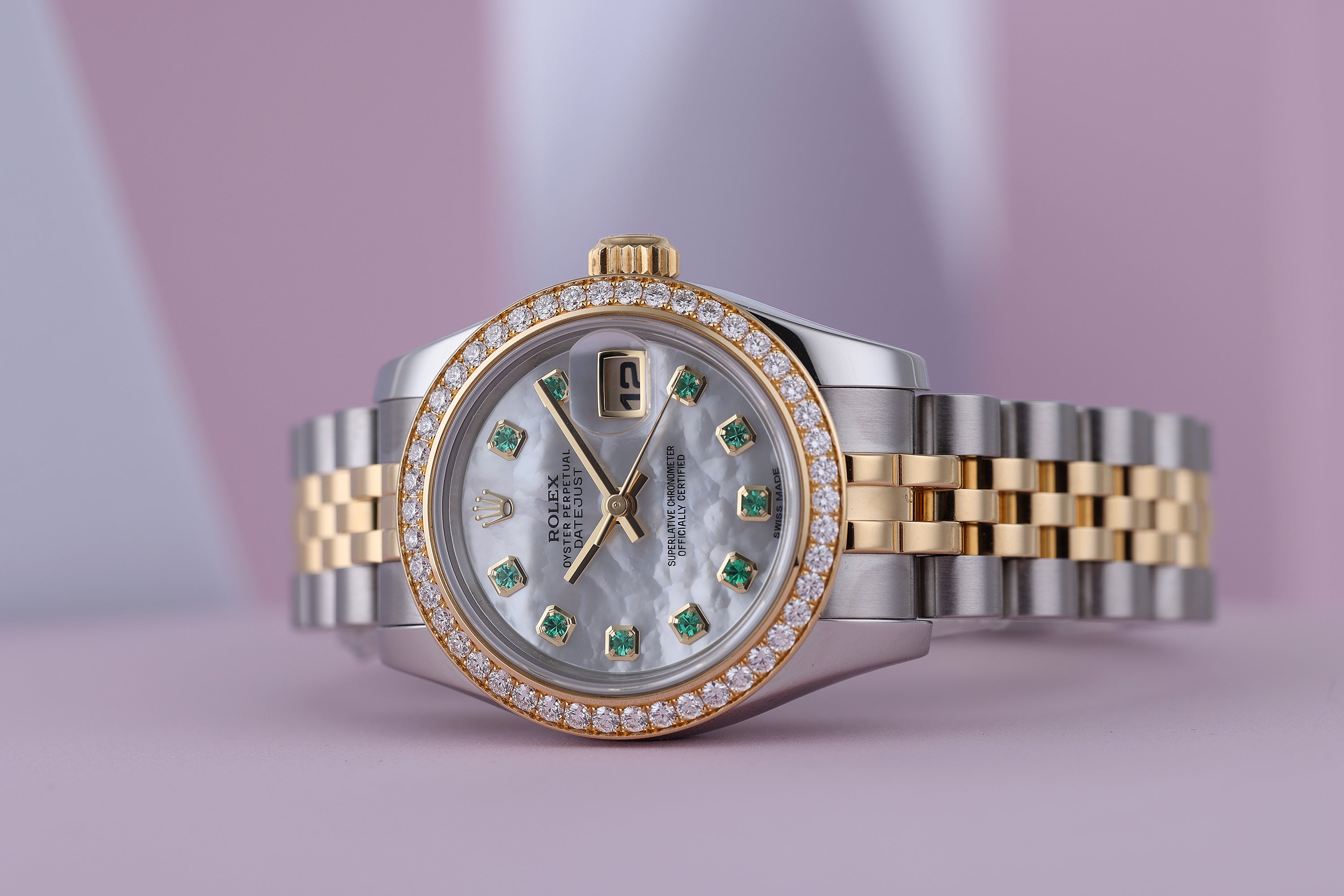 Rolex Lady DateJust | REF. 179383 | Emerald & Mother of Pearl Dial | Diamond Bezel | 26mm | Steel & 18k Yellow Gold | Box & Papers | 2018