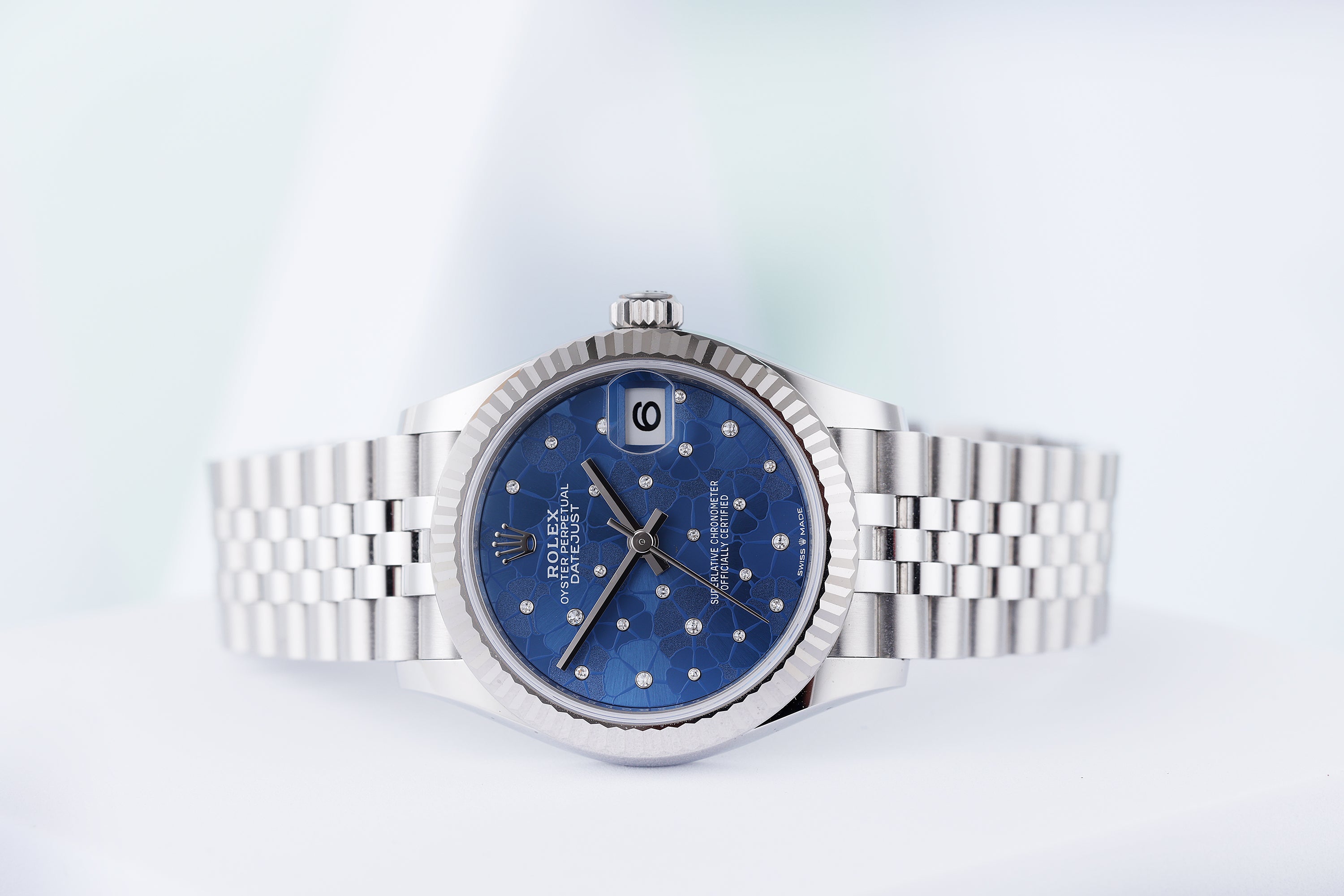 Rolex DateJust 31 | REF. 278274 | 31mm | Blue Floral Motif Diamond Dial | Stainless Steel & 18k White Gold | Box & Papers | 2022