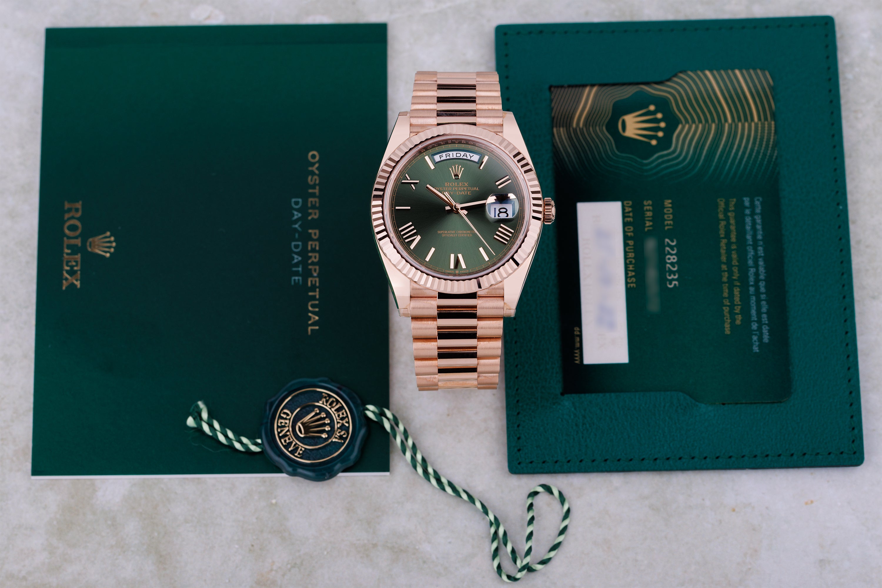 Unworn Rolex Day-Date | REF. 228235 | Olive Green Dial | 18k Rose Gold | 40mm | Box & Papers | 2022