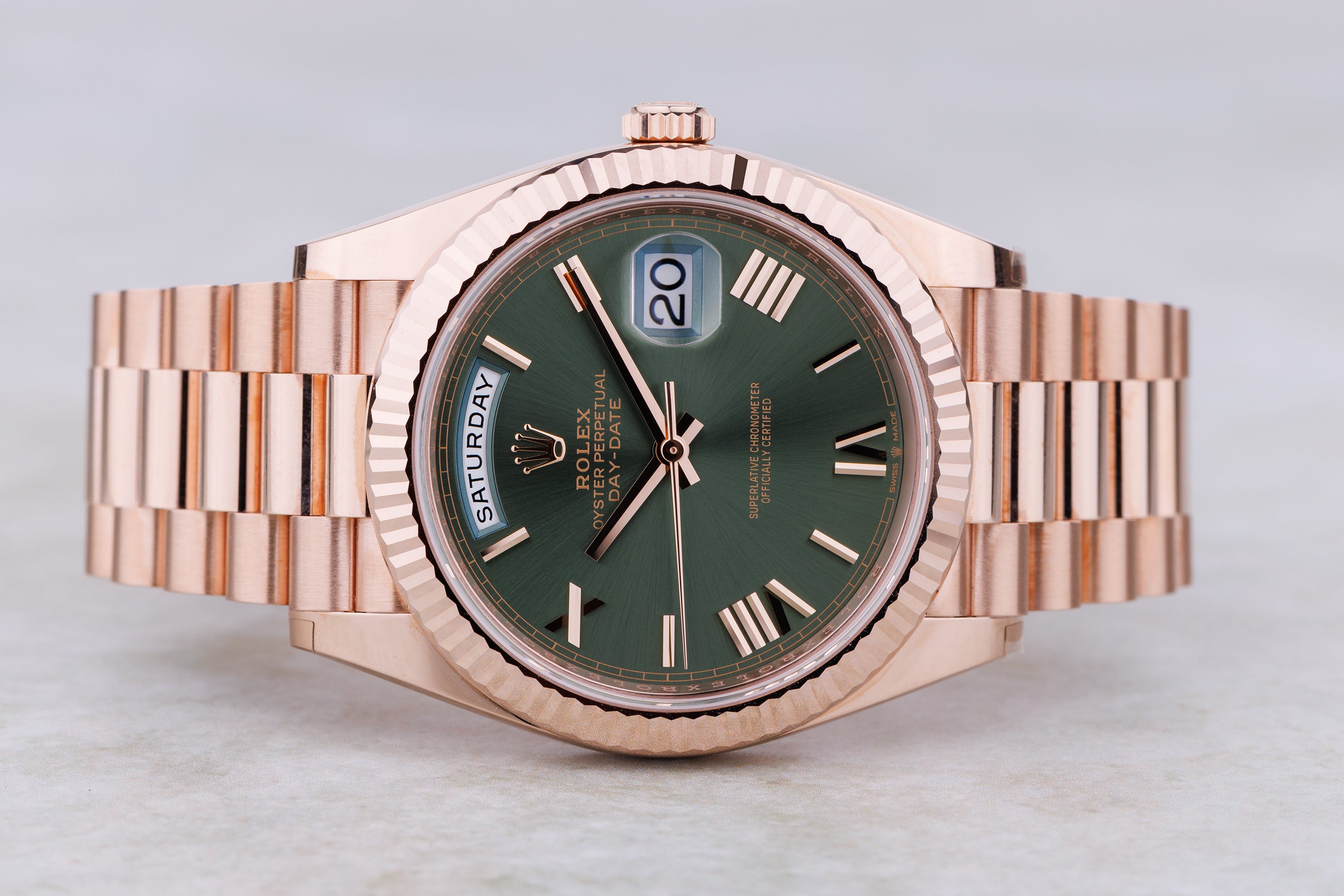 Unworn Rolex Day-Date | REF. 228235 | Olive Green Dial | 18k Rose Gold | 40mm | Box & Papers | 2022