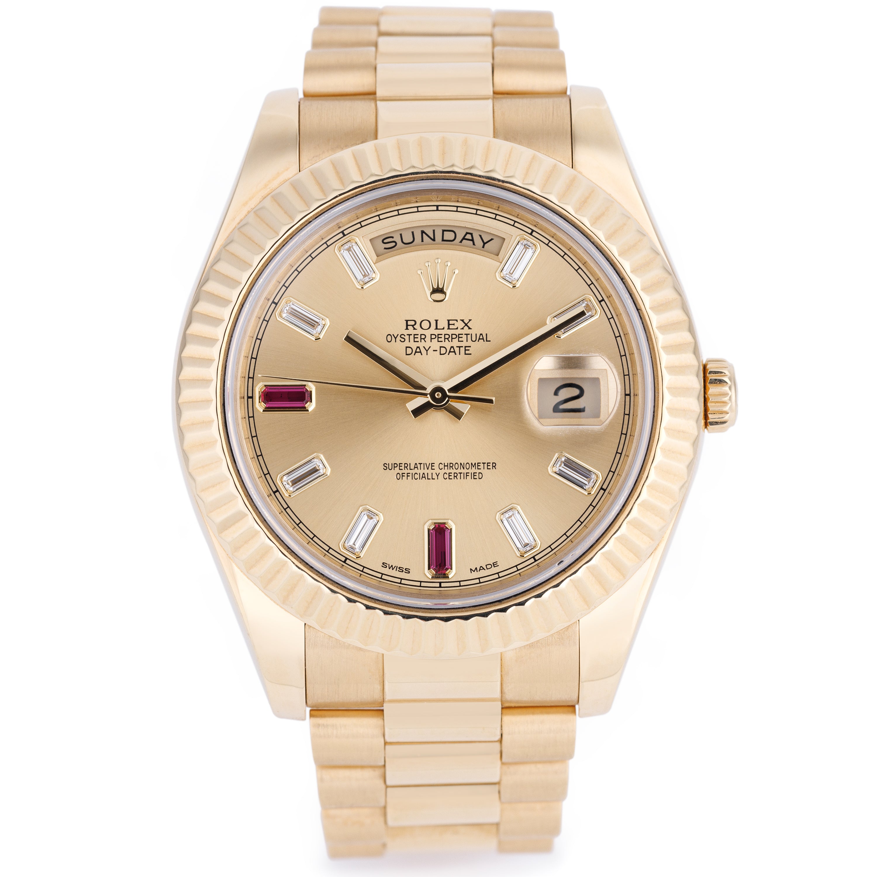 Rolex Day-Date II | REF. 218238 | Diamond & Ruby Baguette Gold Dial | 18k Yellow Gold