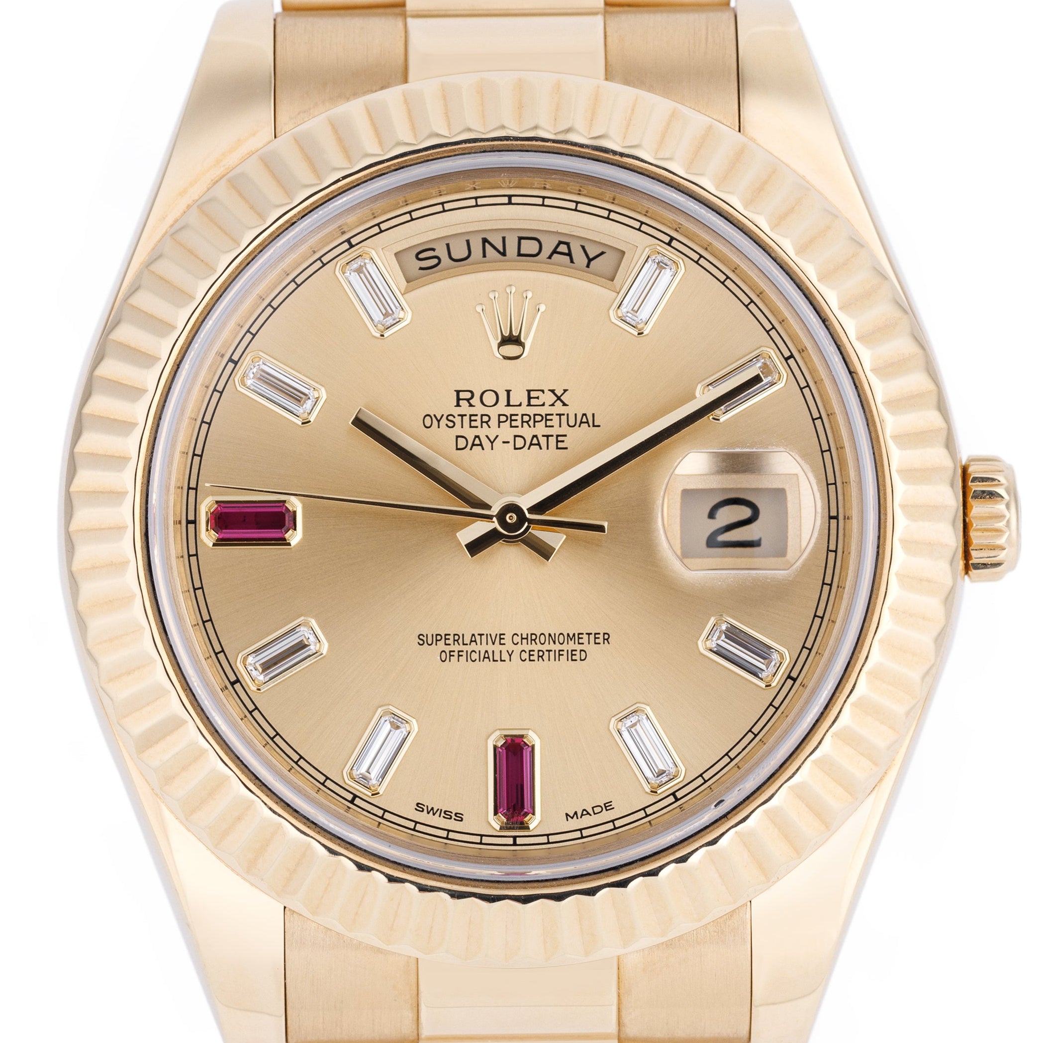 Rolex Day-Date II | REF. 218238 | Diamond & Ruby Baguette Gold Dial | 18k Yellow Gold