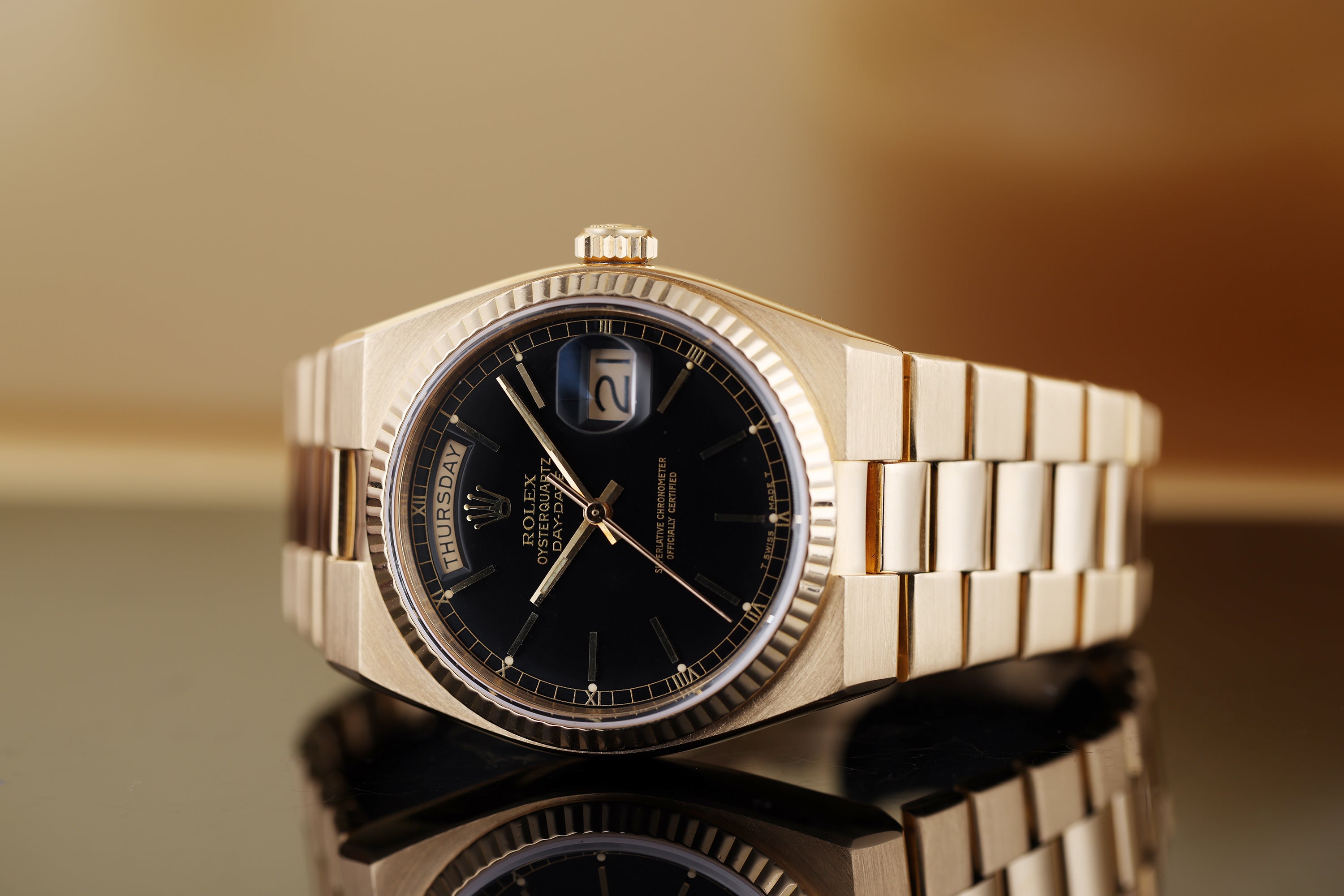 Rolex Day-Date Oysterquartz | REF. 19018 | Black Dial | 36mm | 18k Yellow Gold | 1982