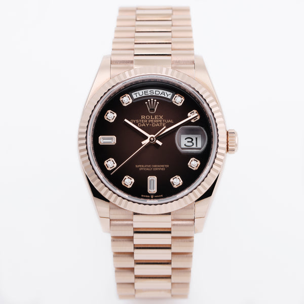 Rolex Day-Date | REF. 128235 | Brown Vignette Dégradé Diamond Dial | 36mm | 18k Rose Gold | Box & Papers | 2021