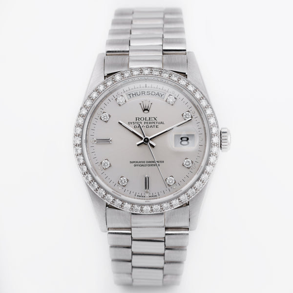 Rolex Day-Date | REF. 18346 | Platinum | Silver Diamond Dial | Diamond Bezel | 1989